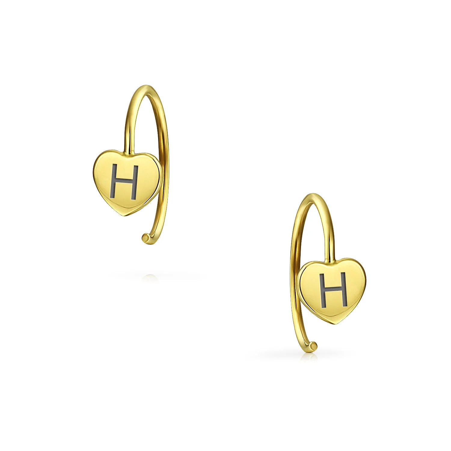 Initial Tiny Real 14K Gold Mini Heart Hoop Threader Earrings - Image 2