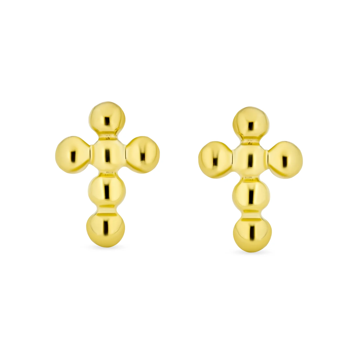 14K Yellow Gold Religious Cross Stud Earrings Mini Balls - Image 2