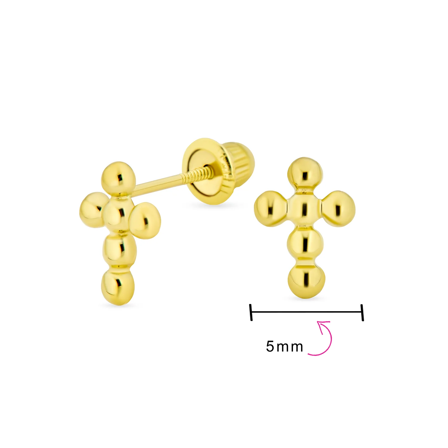 14K Yellow Gold Religious Cross Stud Earrings Mini Balls - Image 4