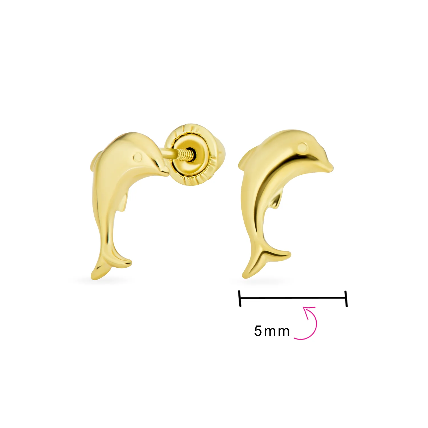 Tiny Nautical Tropical Ocean Marine Life 14K Yellow Gold Dolphin Stud Earrings Safety Screw-back - Image 4