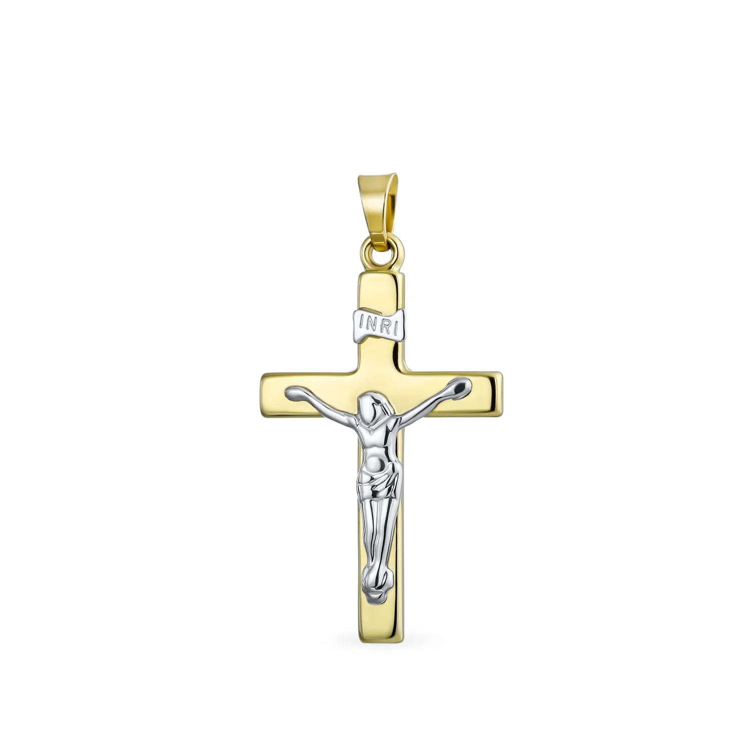 14K Yellow Gold Religious Jesus Inri Crucifix Cross Pendant Necklace