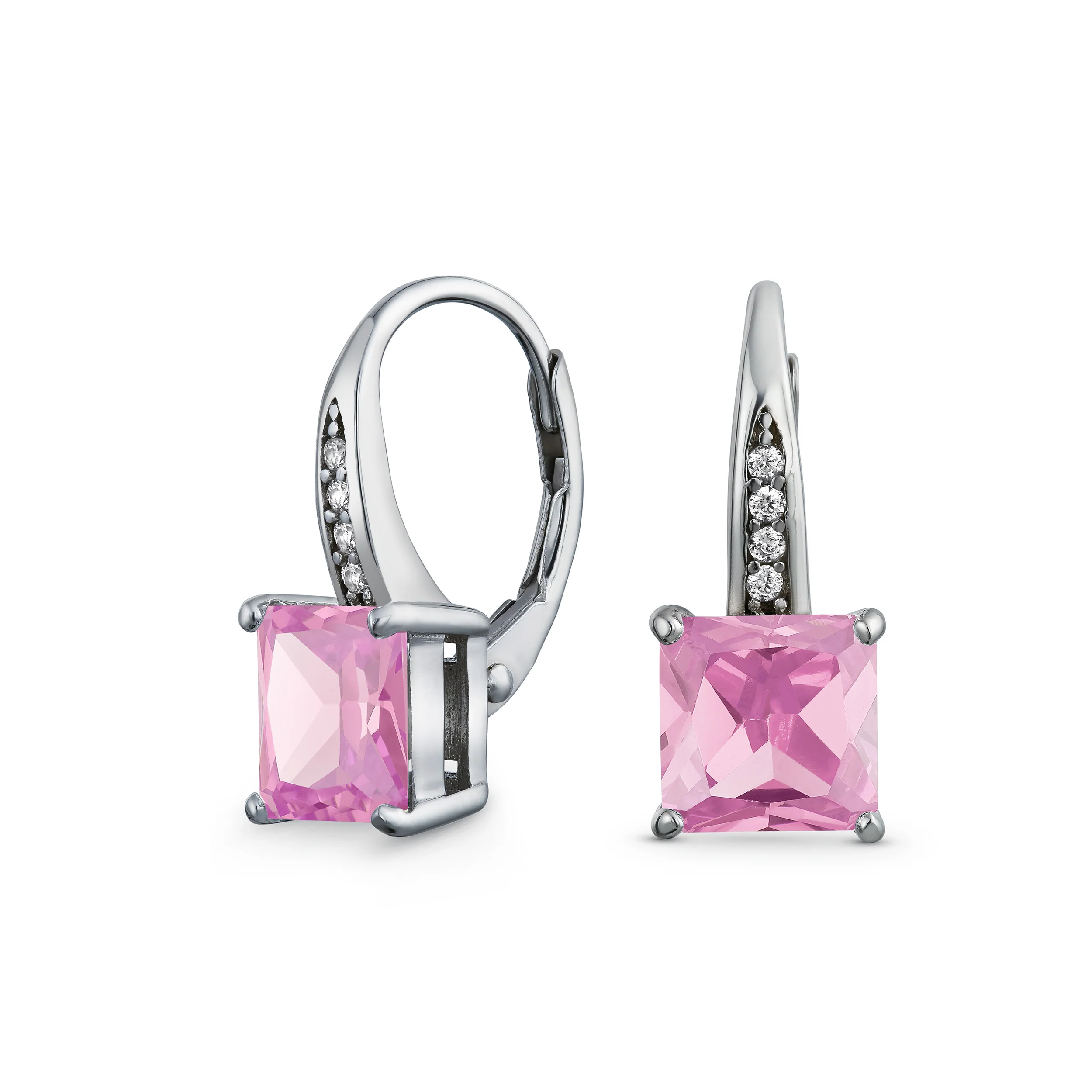 2CT Imitation Pink Tourmaline Solitaire Square CZ Drop Earrings Silver