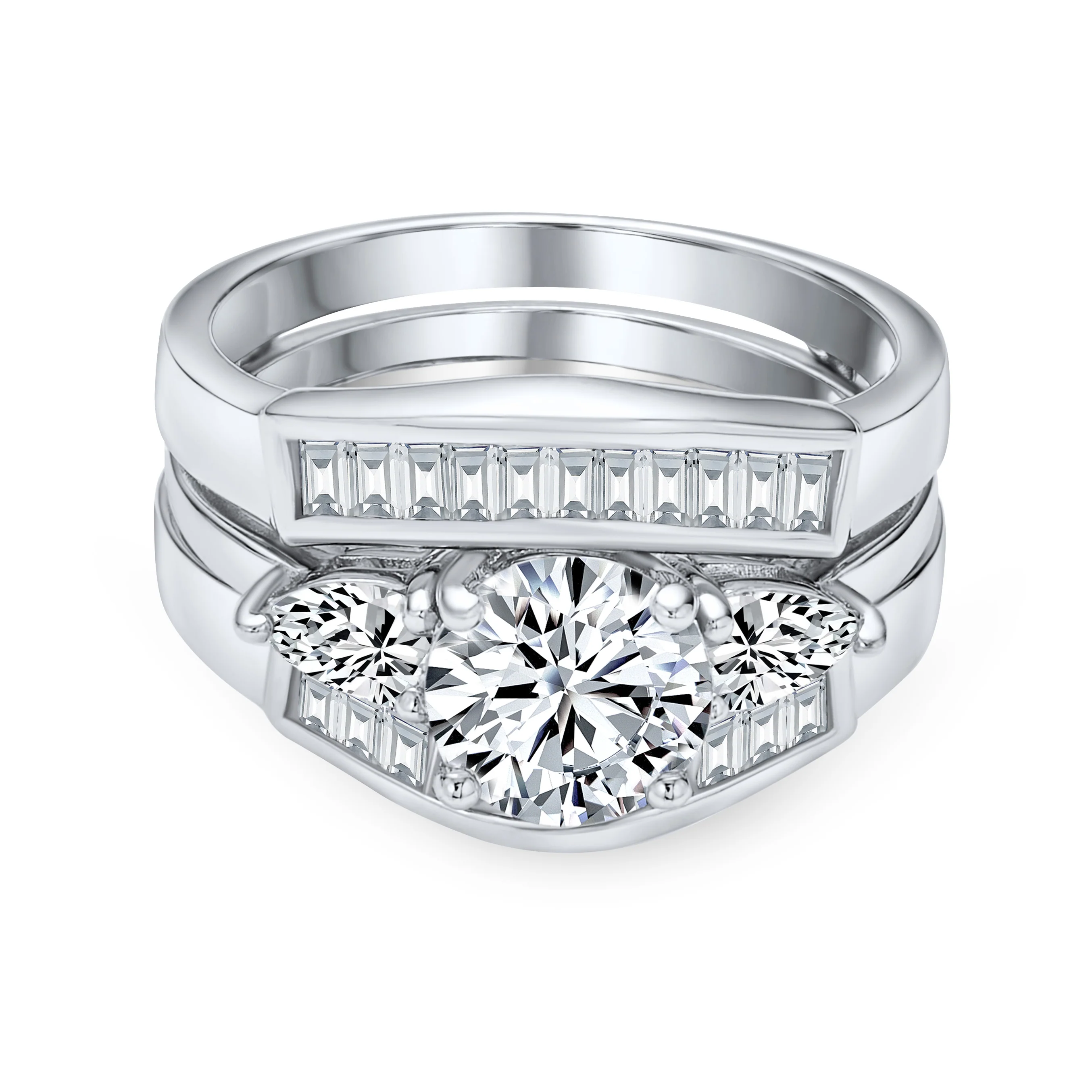 2CT Round Solitaire CZ Baguette Band Statement Ring Set