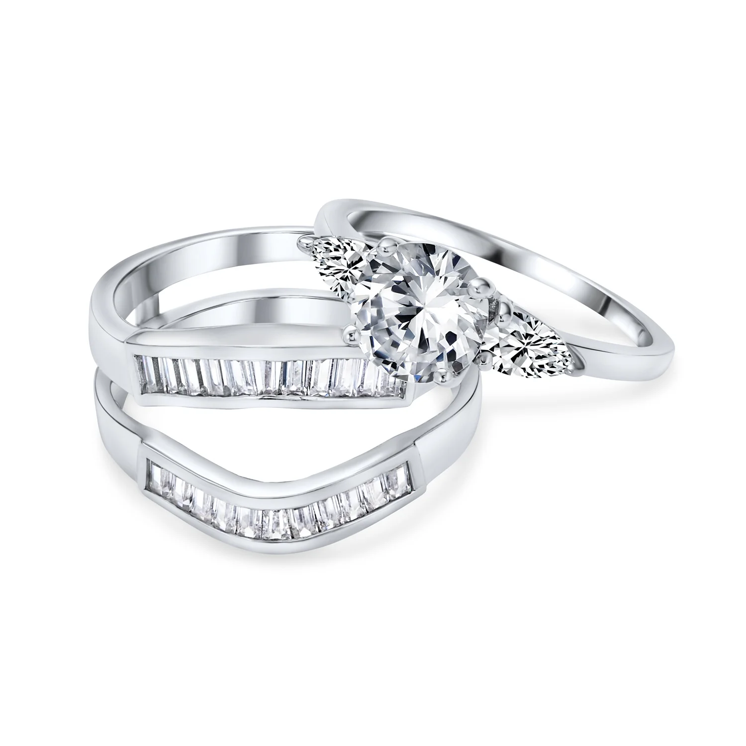 2CT Round Solitaire CZ Baguette Band Statement Ring Set - Image 2