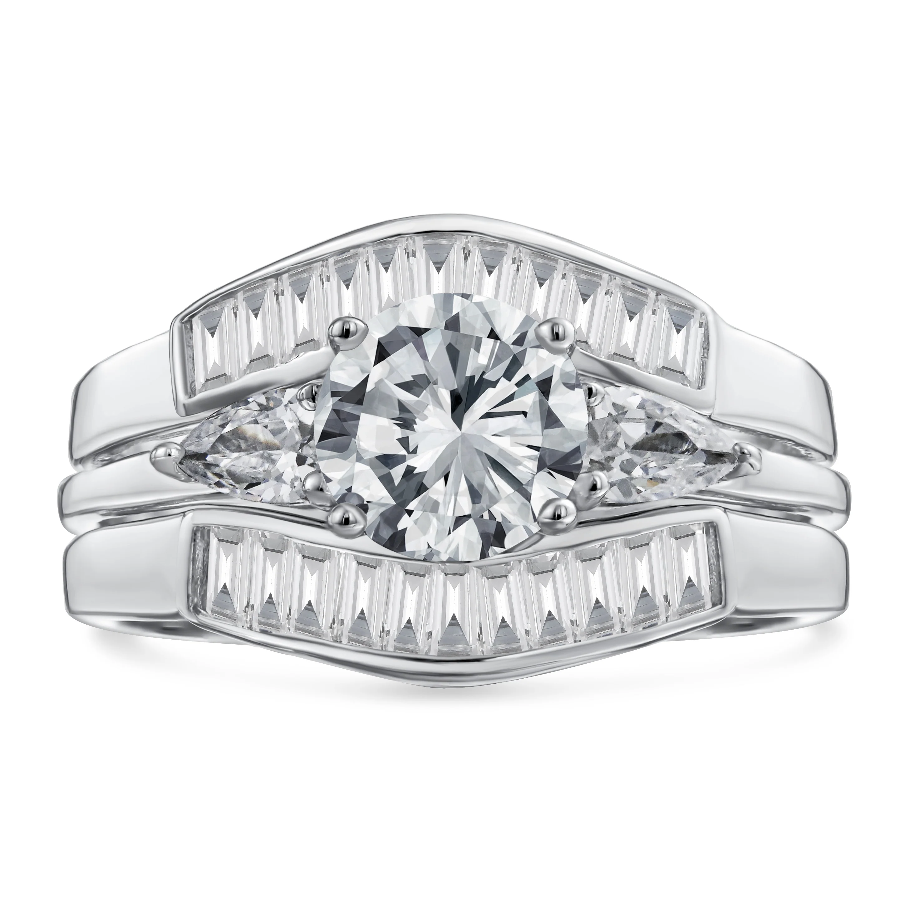 2CT Round Solitaire CZ Baguette Band Statement Ring Set - Image 6