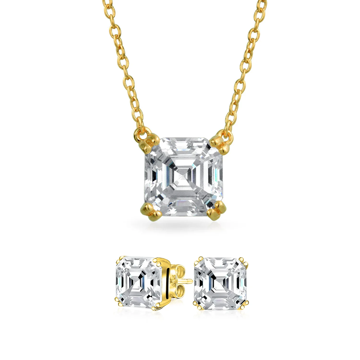 Bridal 4CT Solitaire CZ Asscher Cut Stud Earrings Pendant Gold Plated Silver Set