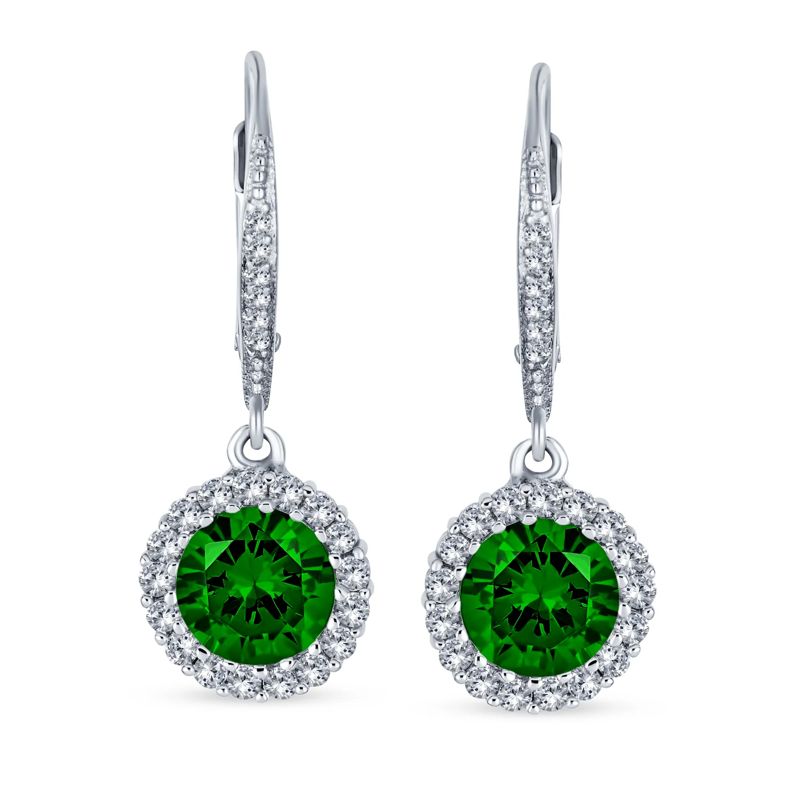 3CT Round Solitaire CZ Halo Dangle Drop Lever back Earrings .925 Sterling Silver - Image 10