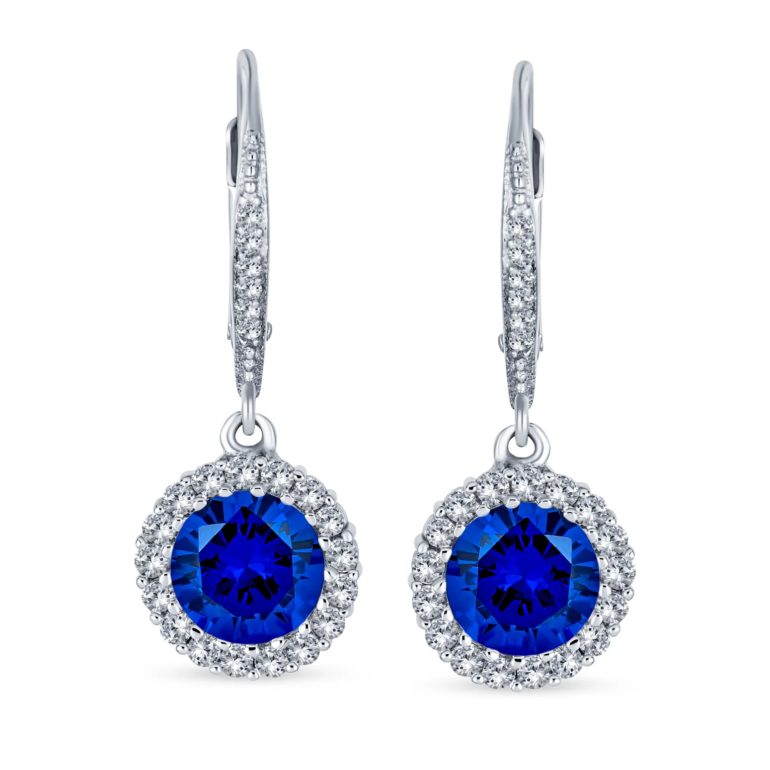 3CT Round Solitaire CZ Halo Dangle Drop Lever back Earrings .925 Sterling Silver - Image 11