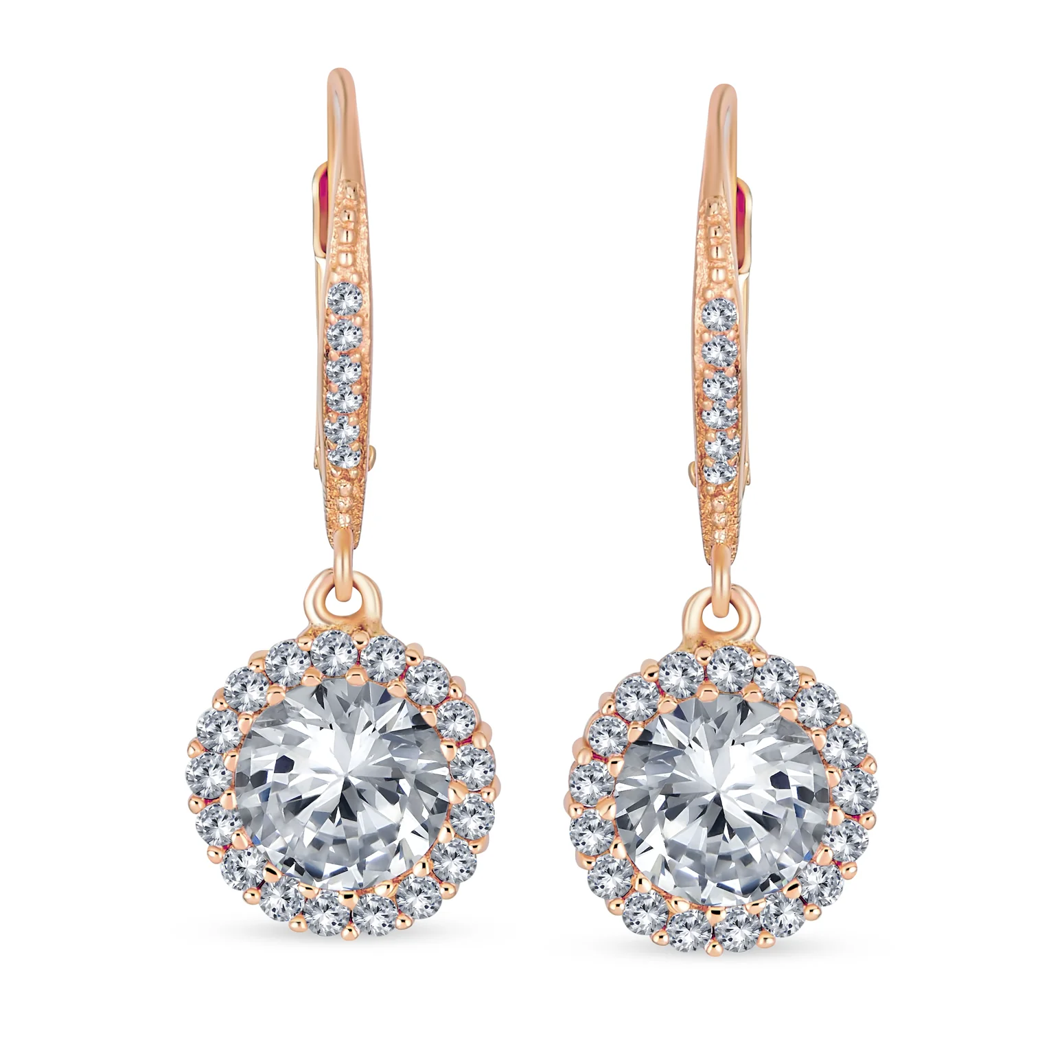 3CT Round Solitaire CZ Halo Dangle Drop Lever back Earrings .925 Sterling Silver - Image 12