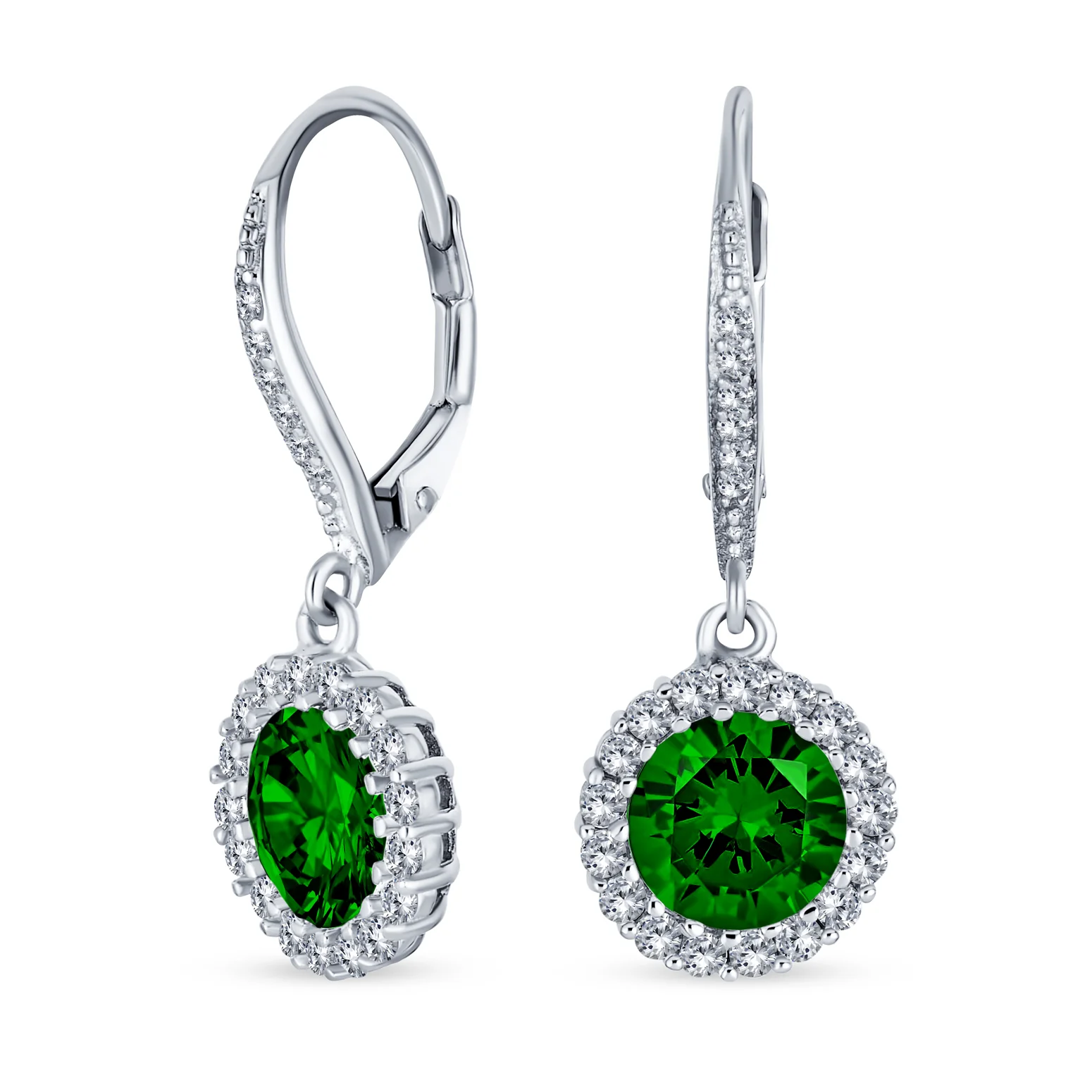 3CT Round Solitaire CZ Halo Dangle Drop Lever back Earrings .925 Sterling Silver - Image 4