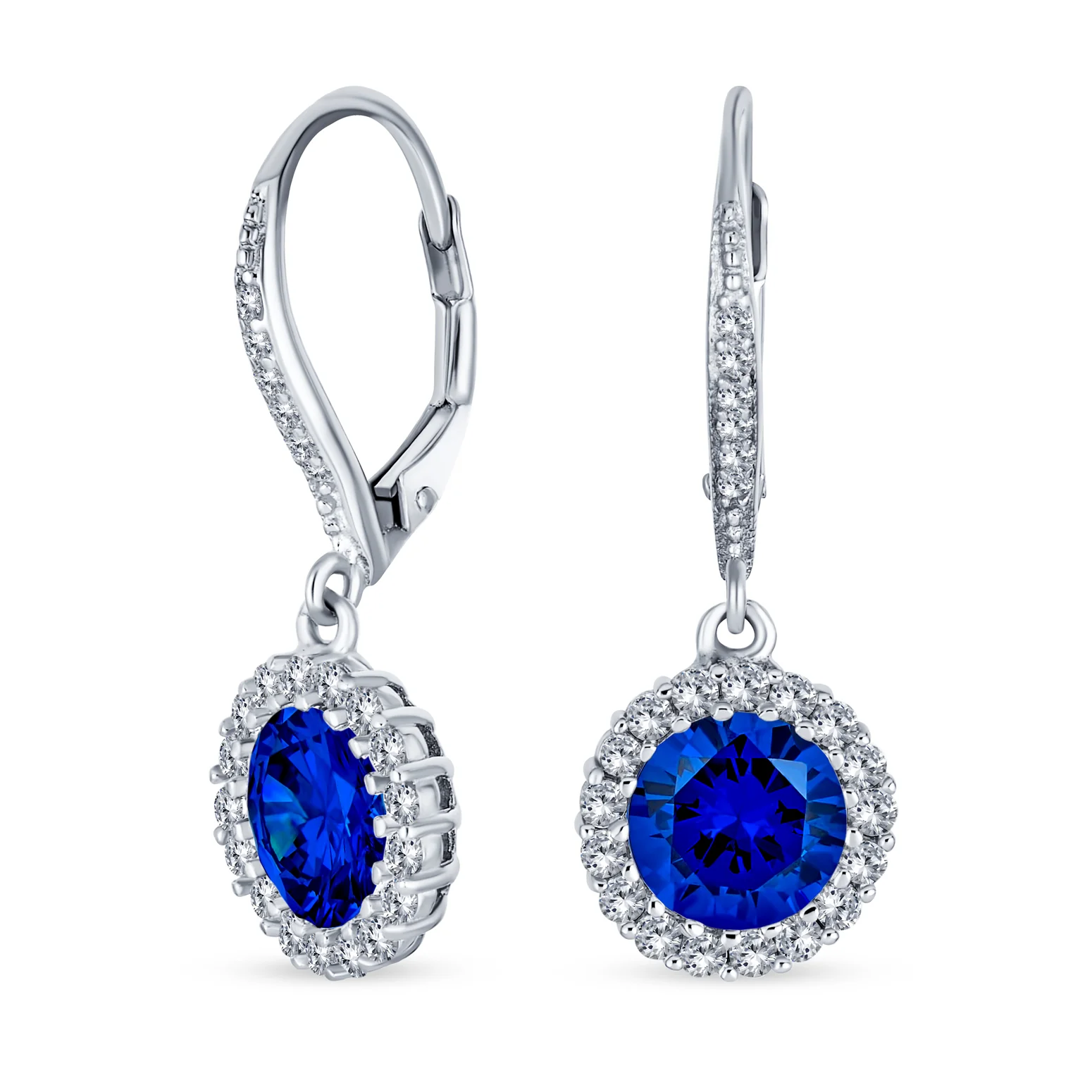 3CT Round Solitaire CZ Halo Dangle Drop Lever back Earrings .925 Sterling Silver - Image 5