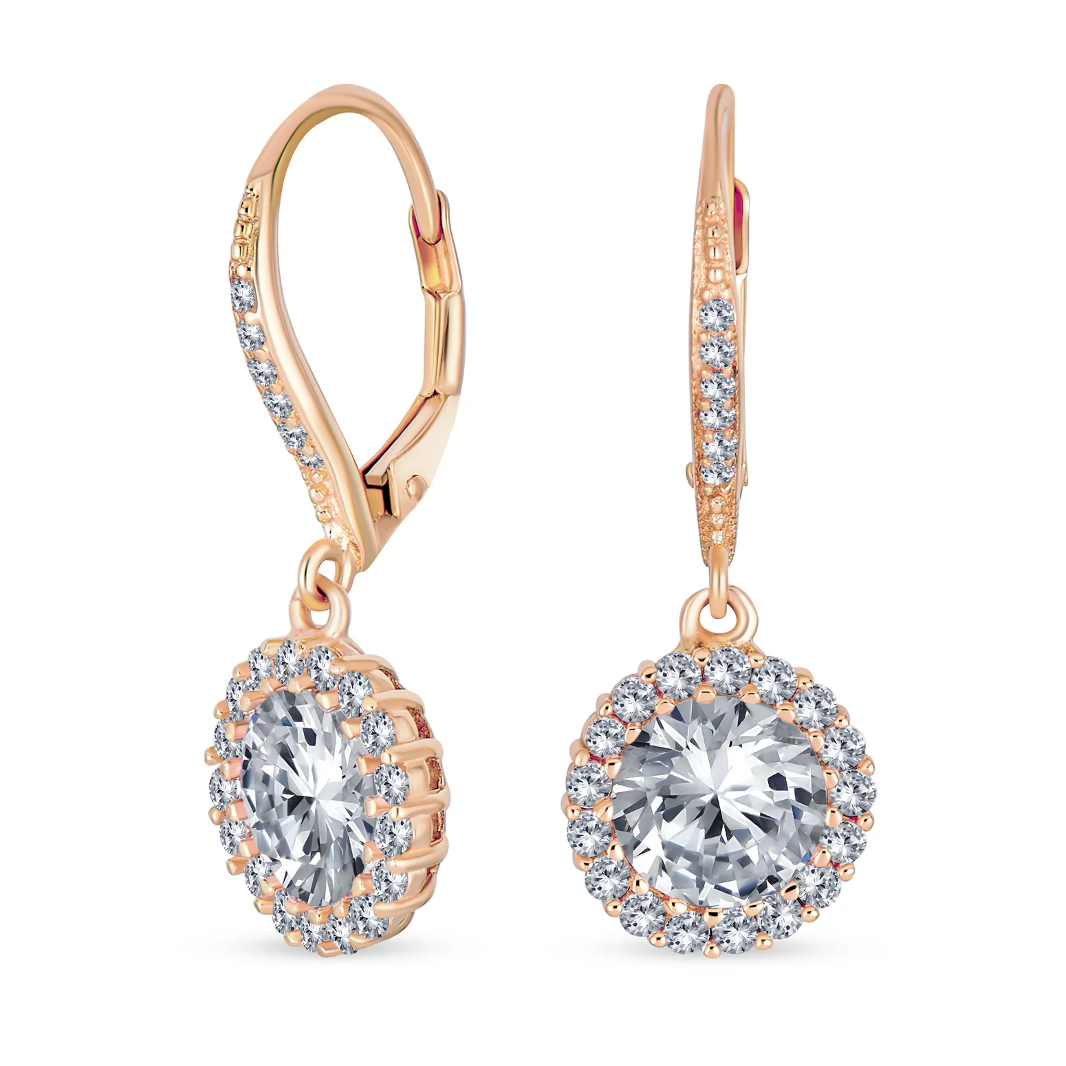 3CT Round Solitaire CZ Halo Dangle Drop Lever back Earrings .925 Sterling Silver - Image 6