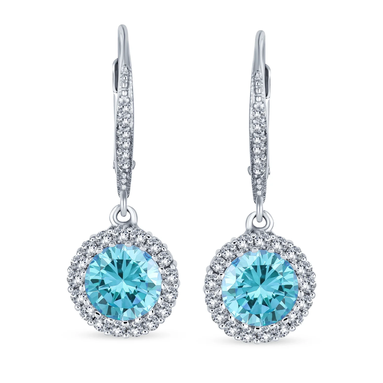 3CT Round Solitaire CZ Halo Dangle Drop Lever back Earrings .925 Sterling Silver - Image 8