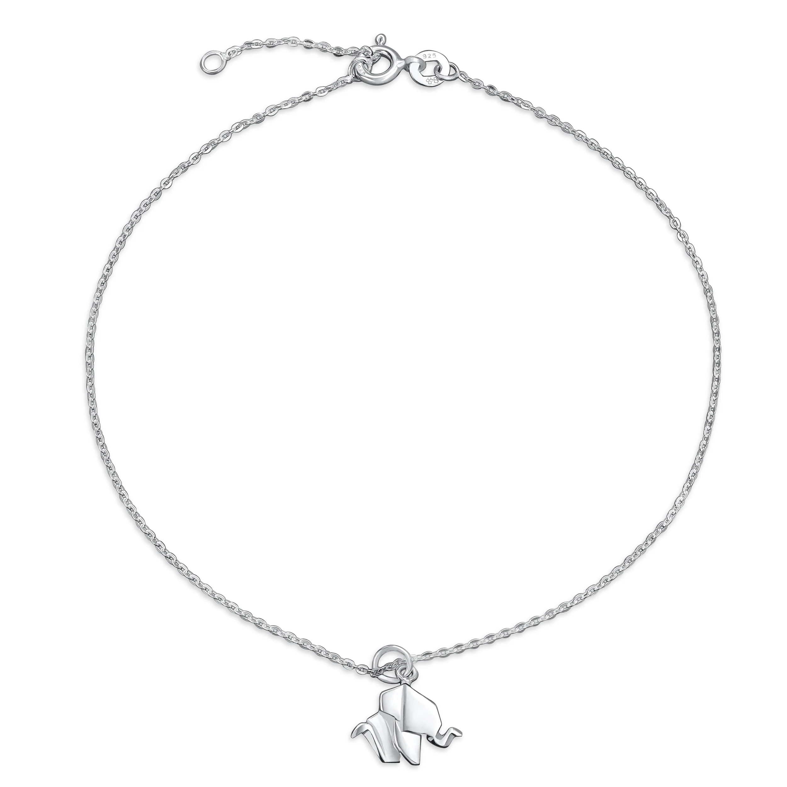 Lucky Origami Animal Anklet Zoo Elephant Charm Ankle Bracelet .925 Sterling Silver Adjustable