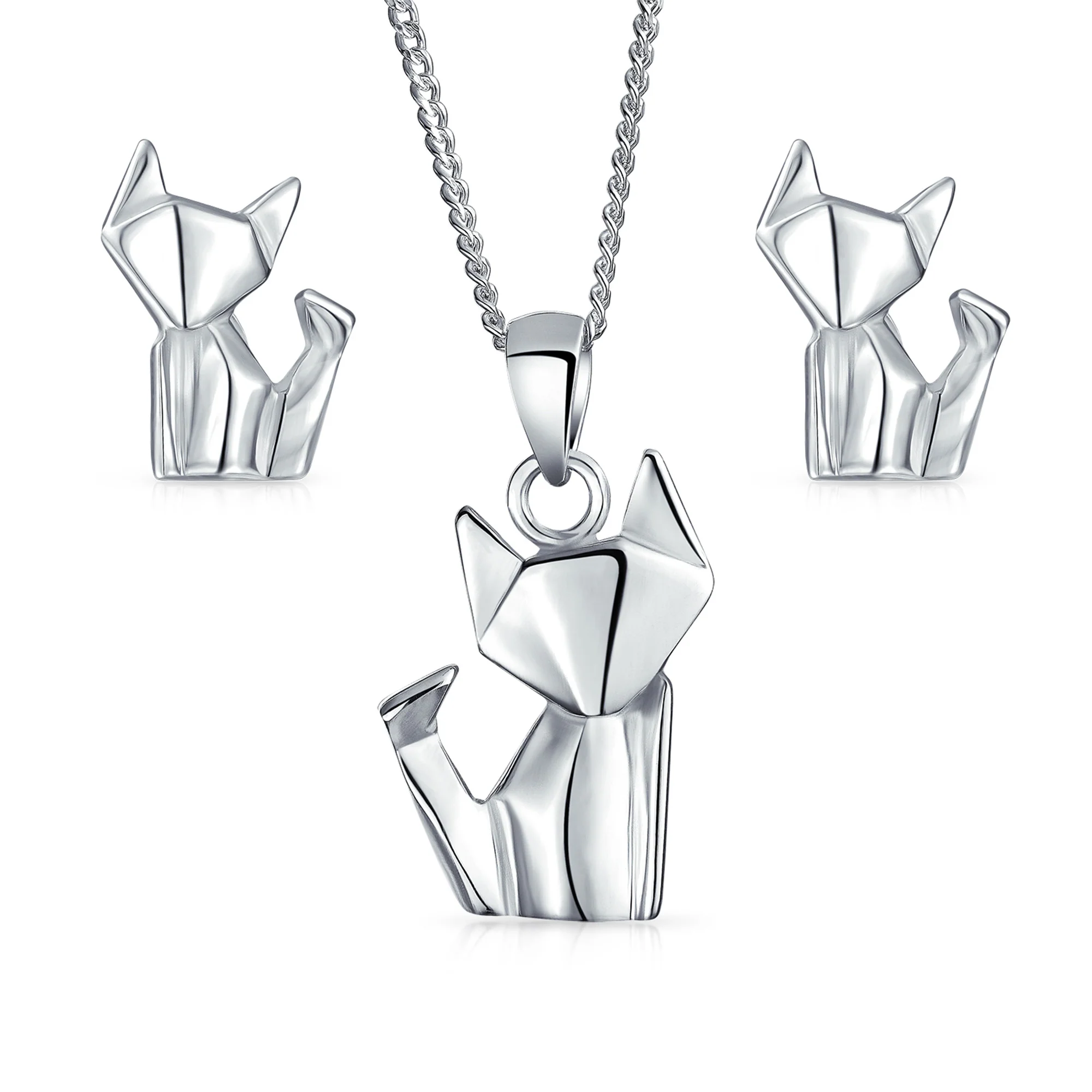 Geometric Origami Animal Jewelry Kitten Cat Pendant Necklace .925 Sterling Silver