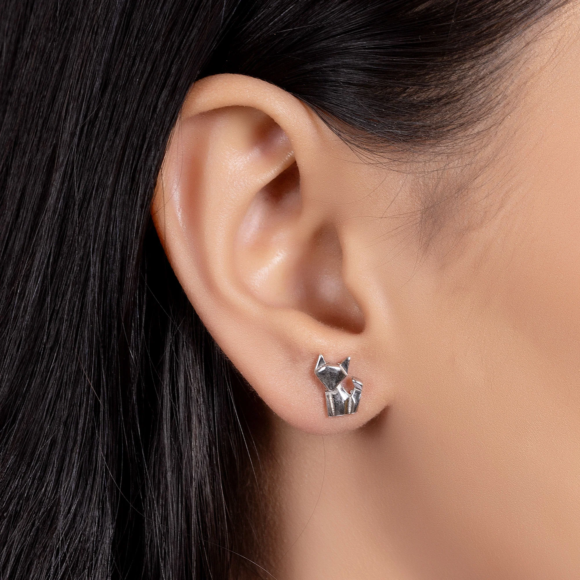 3D Origami Cat Stud Earrings Sterling Silver Jewelry - Image 3