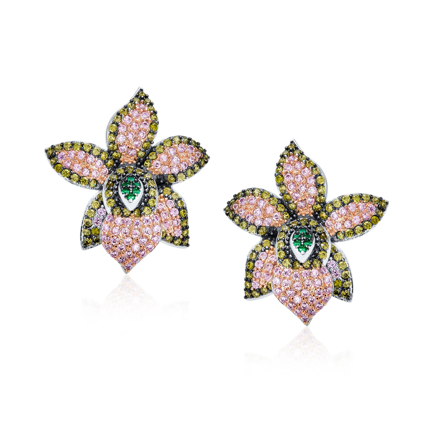 3D Floral Pave CZ Green Pink Orchid Flower Statement Earrings Cubic Zirconia Silver Plated - Image 2