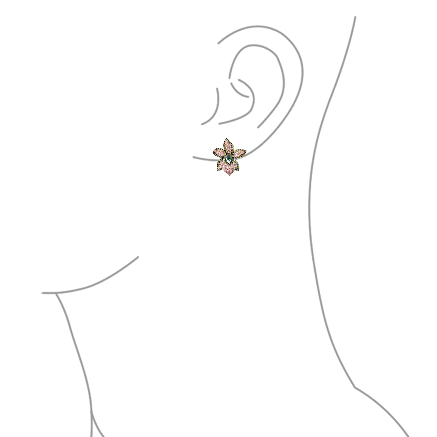 3D Floral Pave CZ Green Pink Orchid Flower Statement Earrings Cubic Zirconia Silver Plated - Image 3