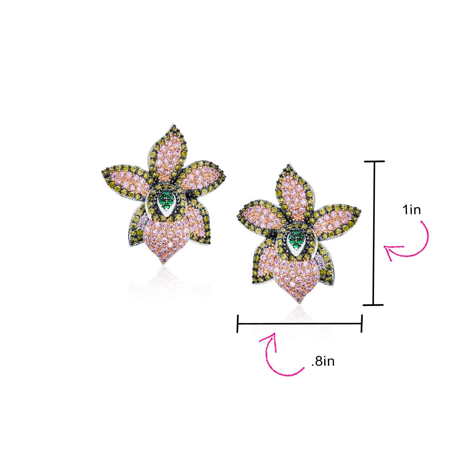 3D Floral Pave CZ Green Pink Orchid Flower Statement Earrings Cubic Zirconia Silver Plated - Image 4