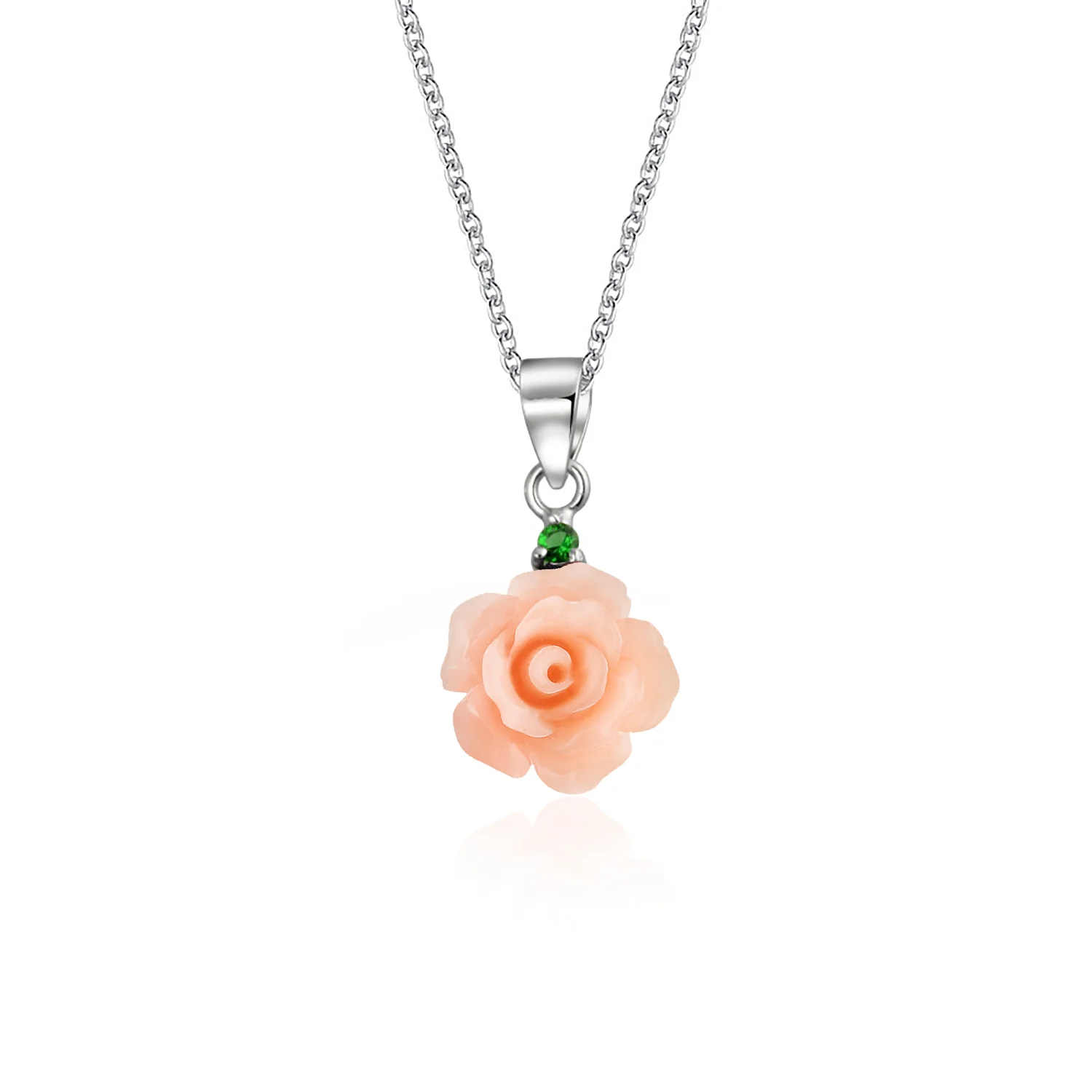 3D Pink Rose Green CZ Pendant Necklace & Lever back Dangle Earrings Set Silver - Image 3