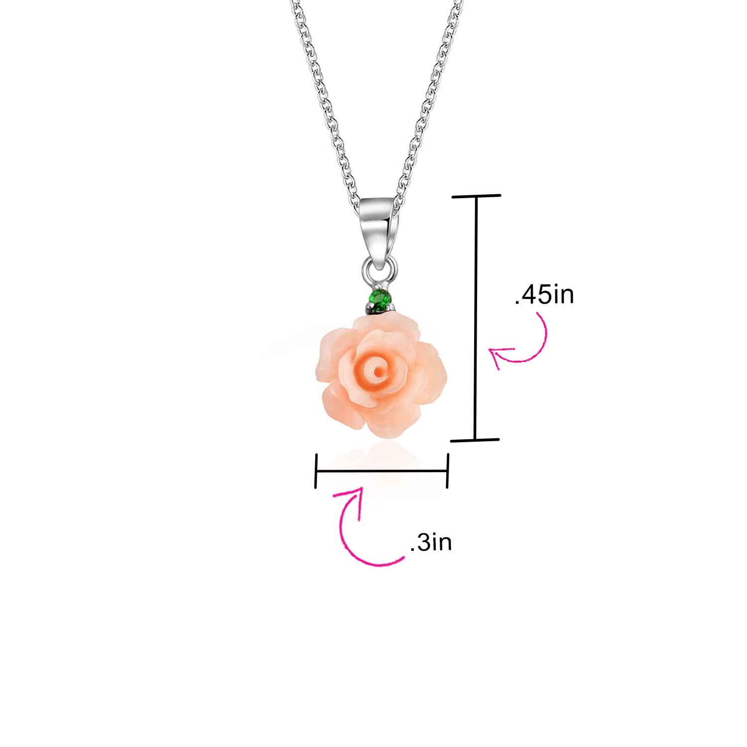 3D Pink Rose Green CZ Pendant Necklace & Lever back Dangle Earrings Set Silver - Image 5