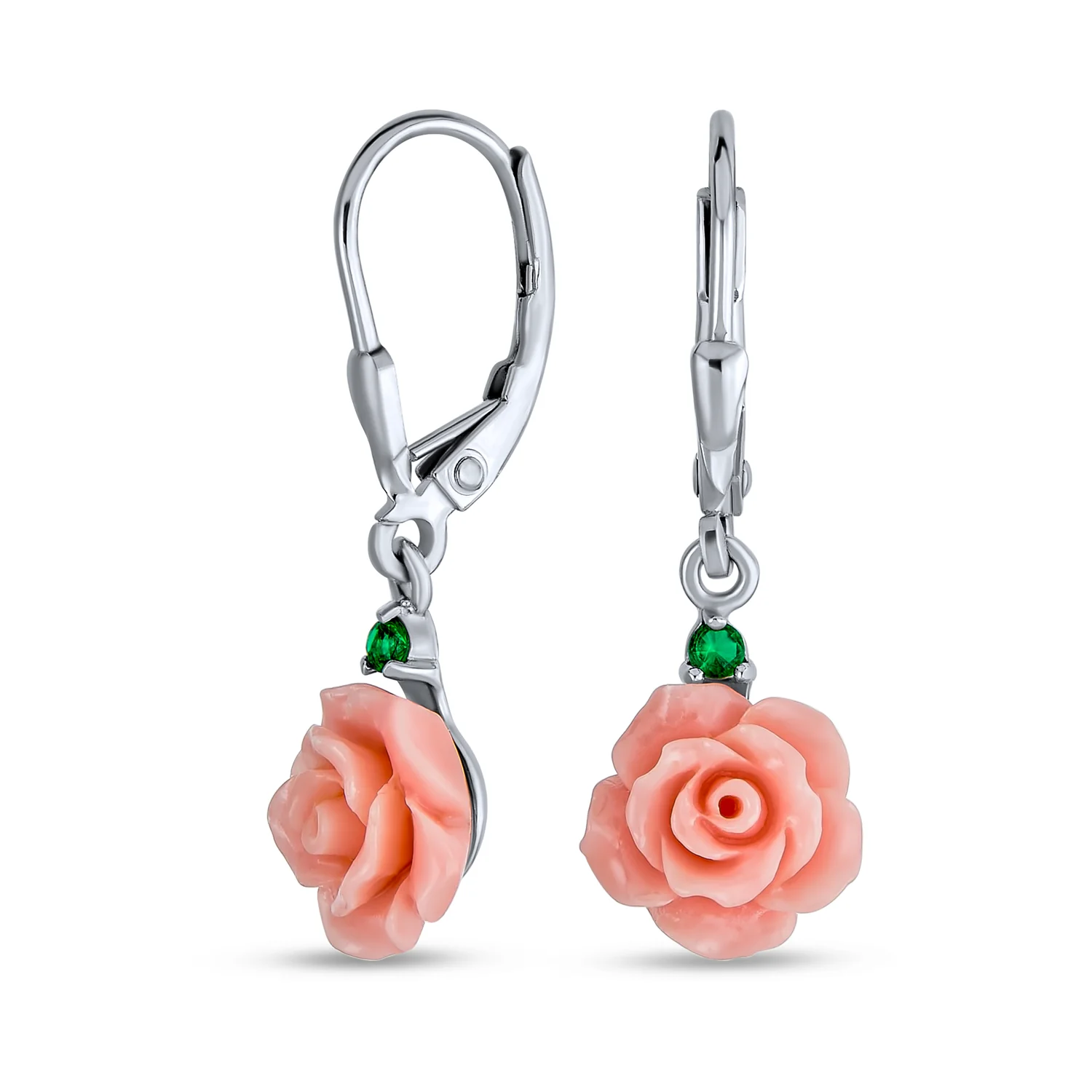 3D Pink Rose Green CZ Pendant Necklace & Lever back Dangle Earrings Set Silver - Image 6