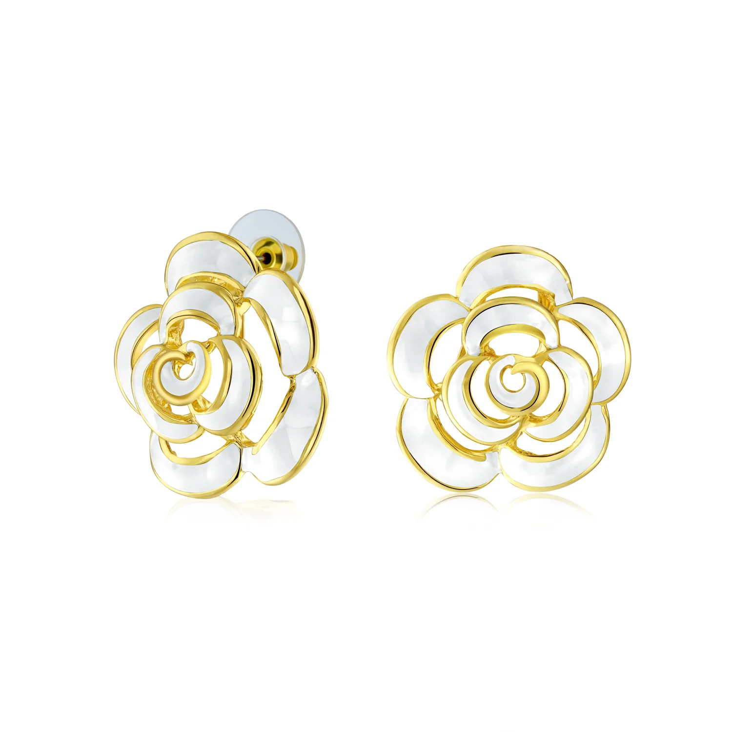Fashion Enamel 3D White Rose Flower Stud Earrings Button Style For Non-Pierced Ears Gold Plated