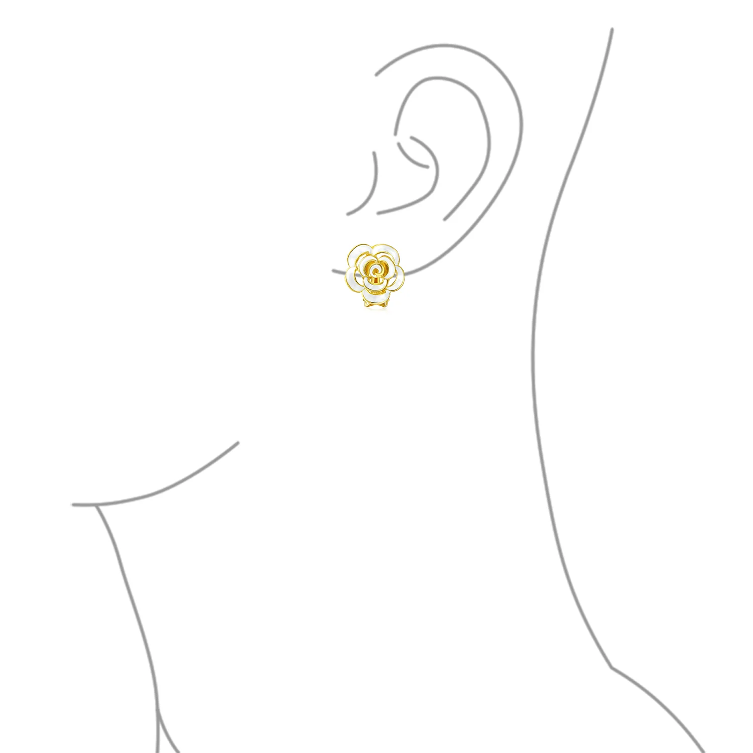 Fashion Enamel 3D White Rose Flower Stud Earrings Button Style For Non-Pierced Ears Gold Plated - Image 5