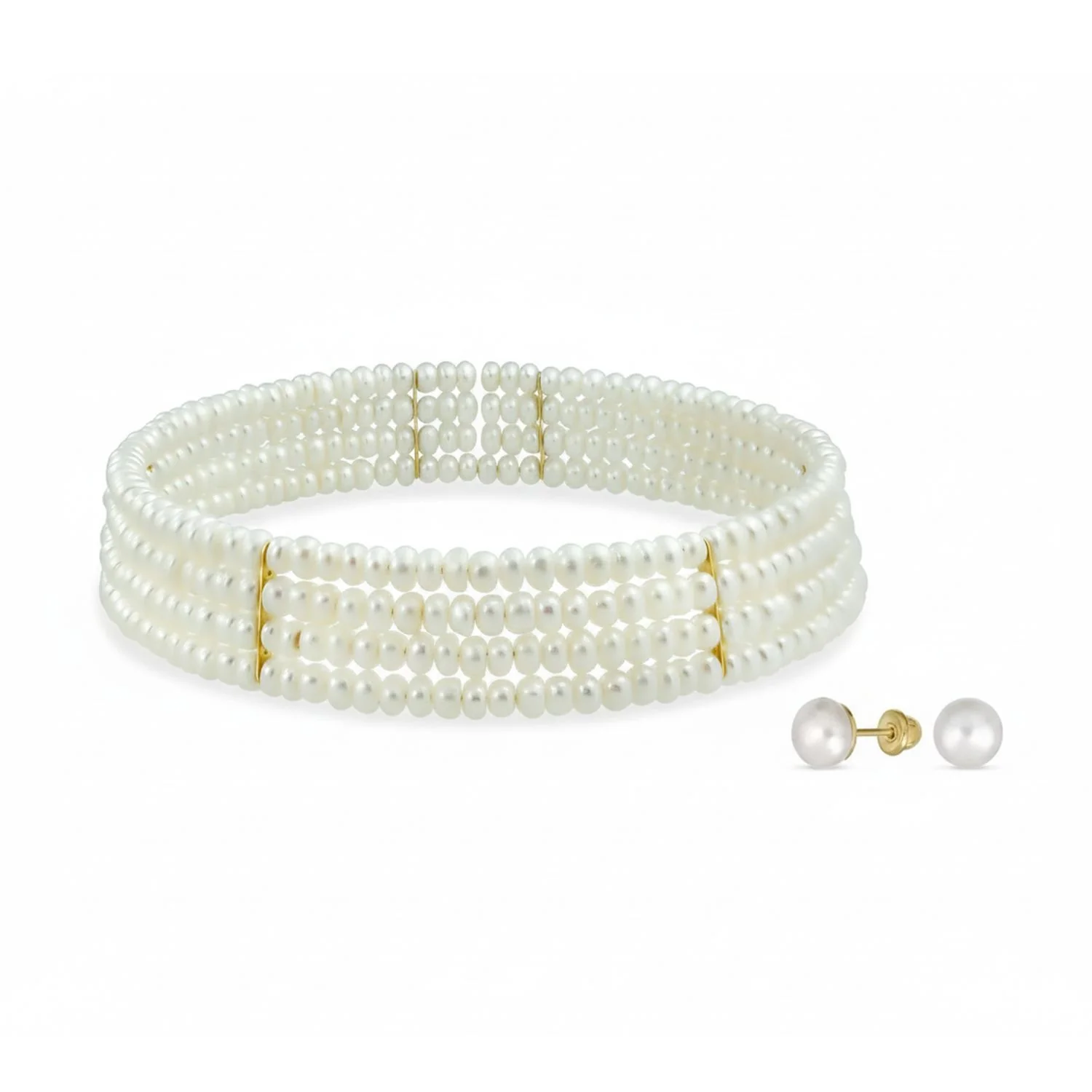 4-Row Freshwater Cultured Pearl Choker & 10K Gold Button Stud Earrings Set