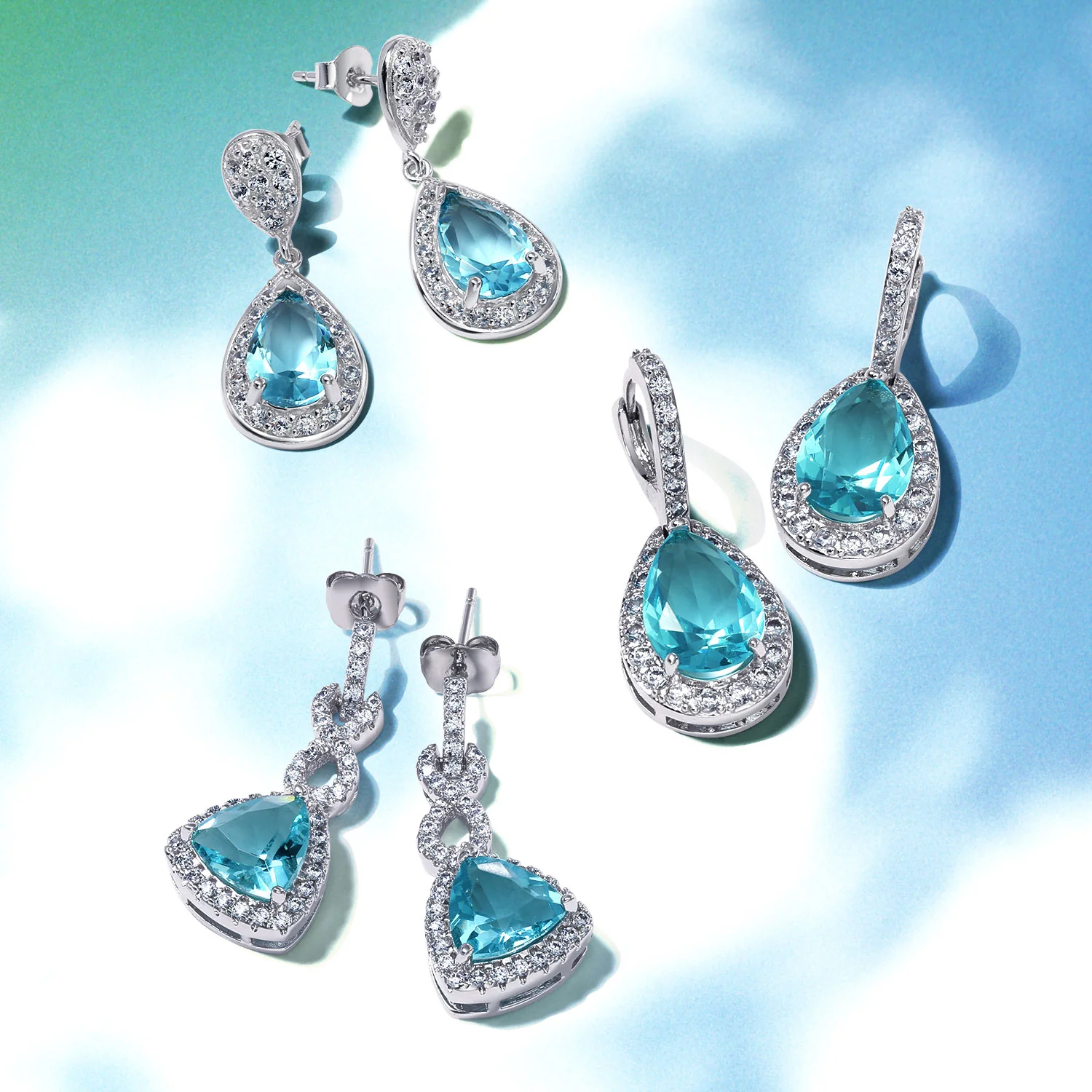 Classic 7CT Aqua Blue Cubic Zirconia CZ Large Teardrop Earrings Hinge Clip Closure - Image 48