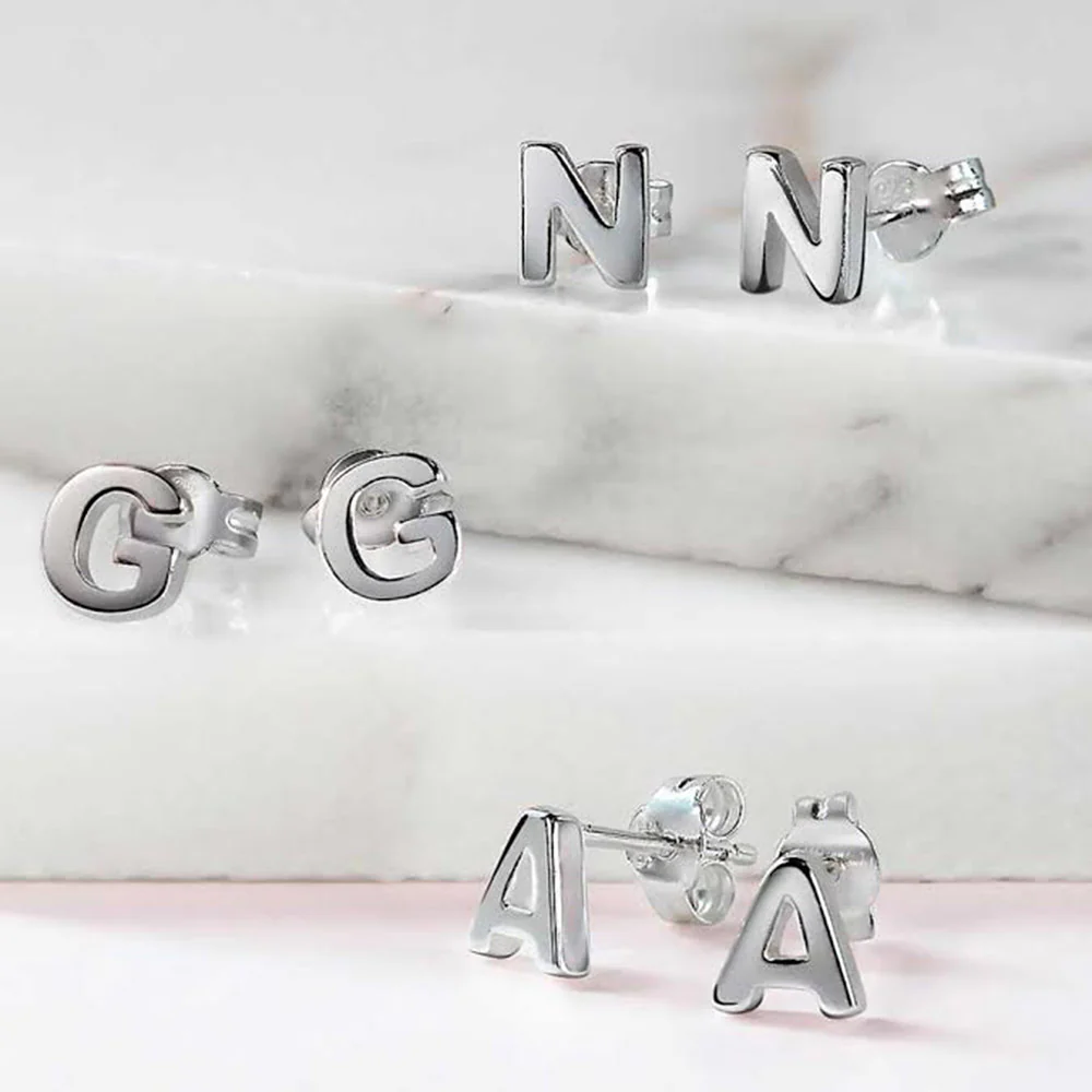 ABC Small Capital Block Alphabet Letter Initial Stud Earrings Sterling Silver - Image 34