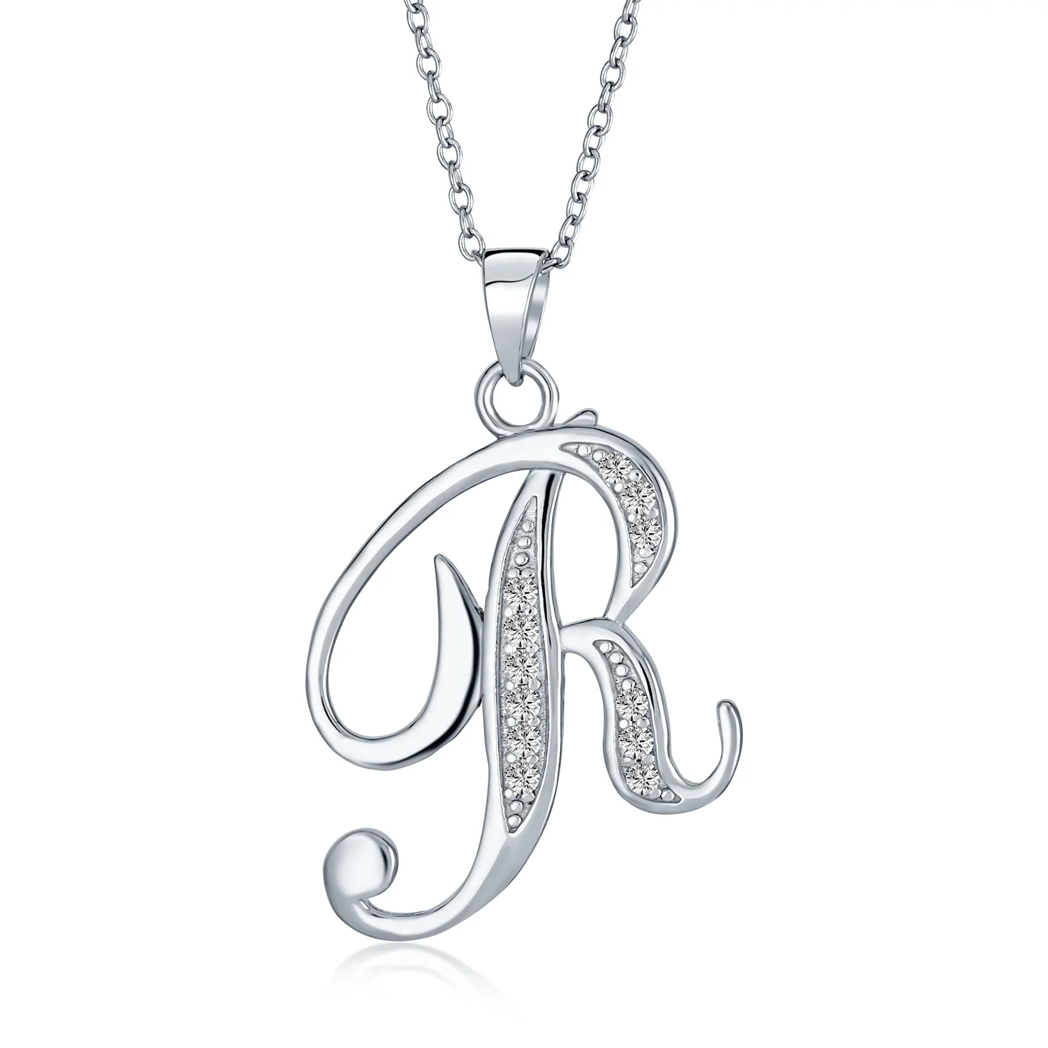 Pave CZ Script Alphabet Initial Pendant Necklace .925 Sterling Silver - Image 11
