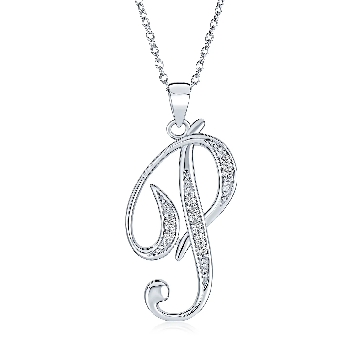 Pave CZ Script Alphabet Initial Pendant Necklace .925 Sterling Silver - Image 15