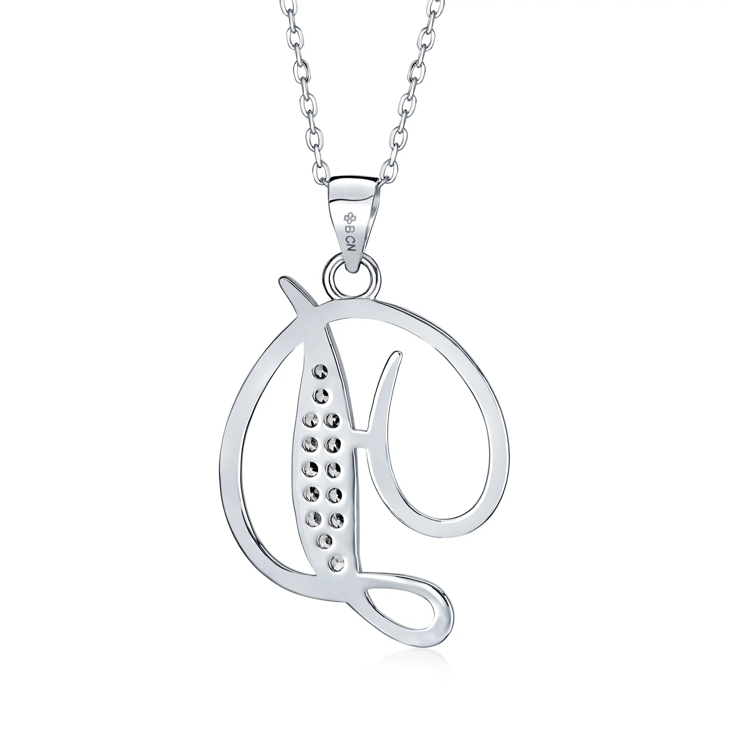 Pave CZ Script Alphabet Initial Pendant Necklace .925 Sterling Silver - Image 20