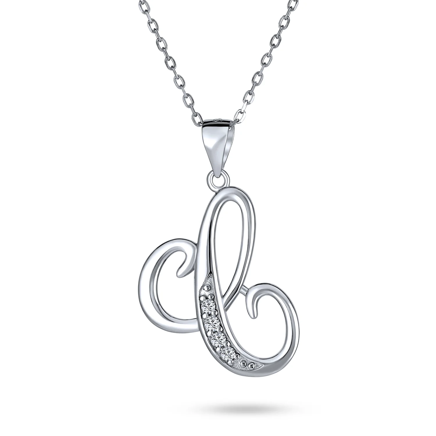 Pave CZ Script Alphabet Initial Pendant Necklace .925 Sterling Silver - Image 3