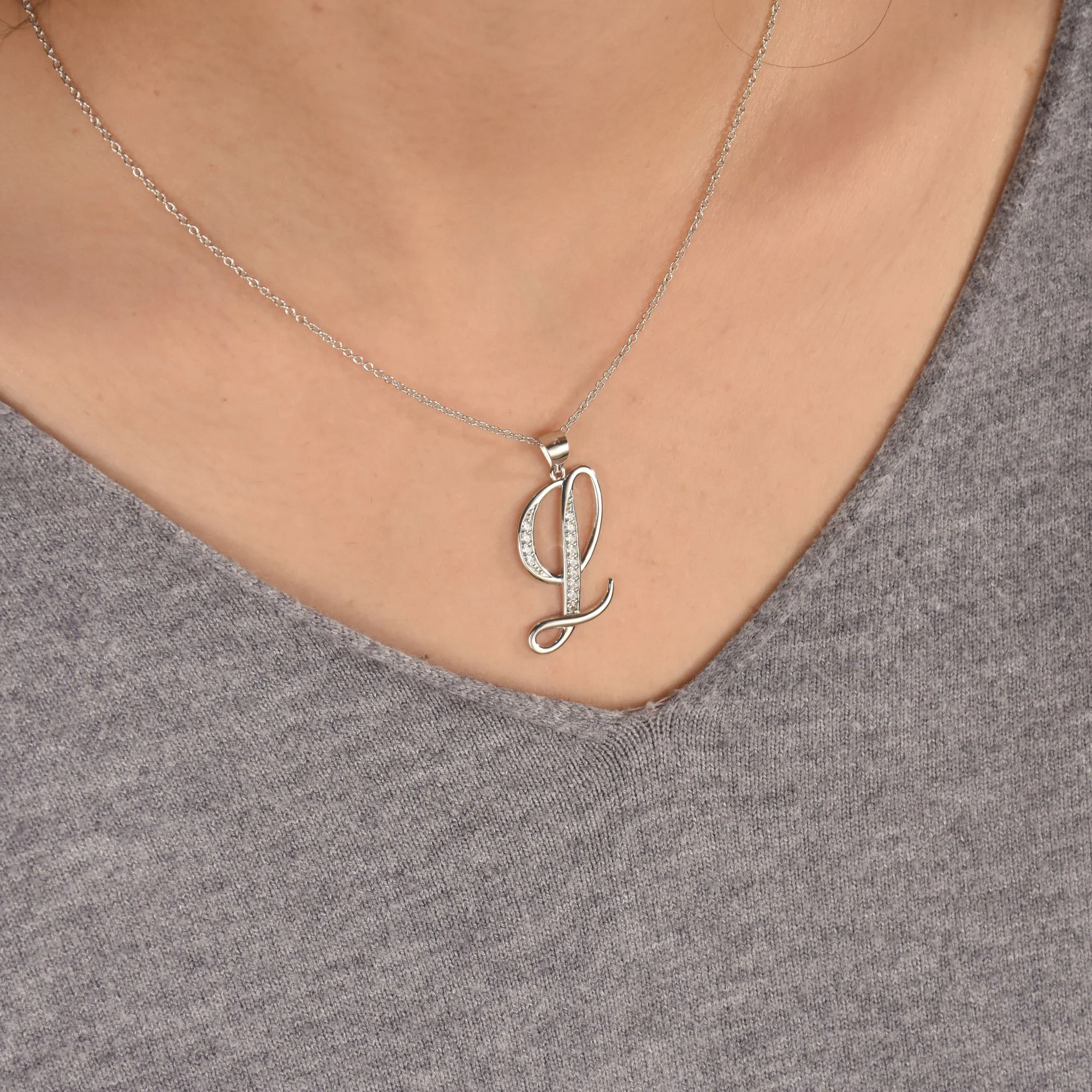 Pave CZ Script Alphabet Initial Pendant Necklace .925 Sterling Silver - Image 38