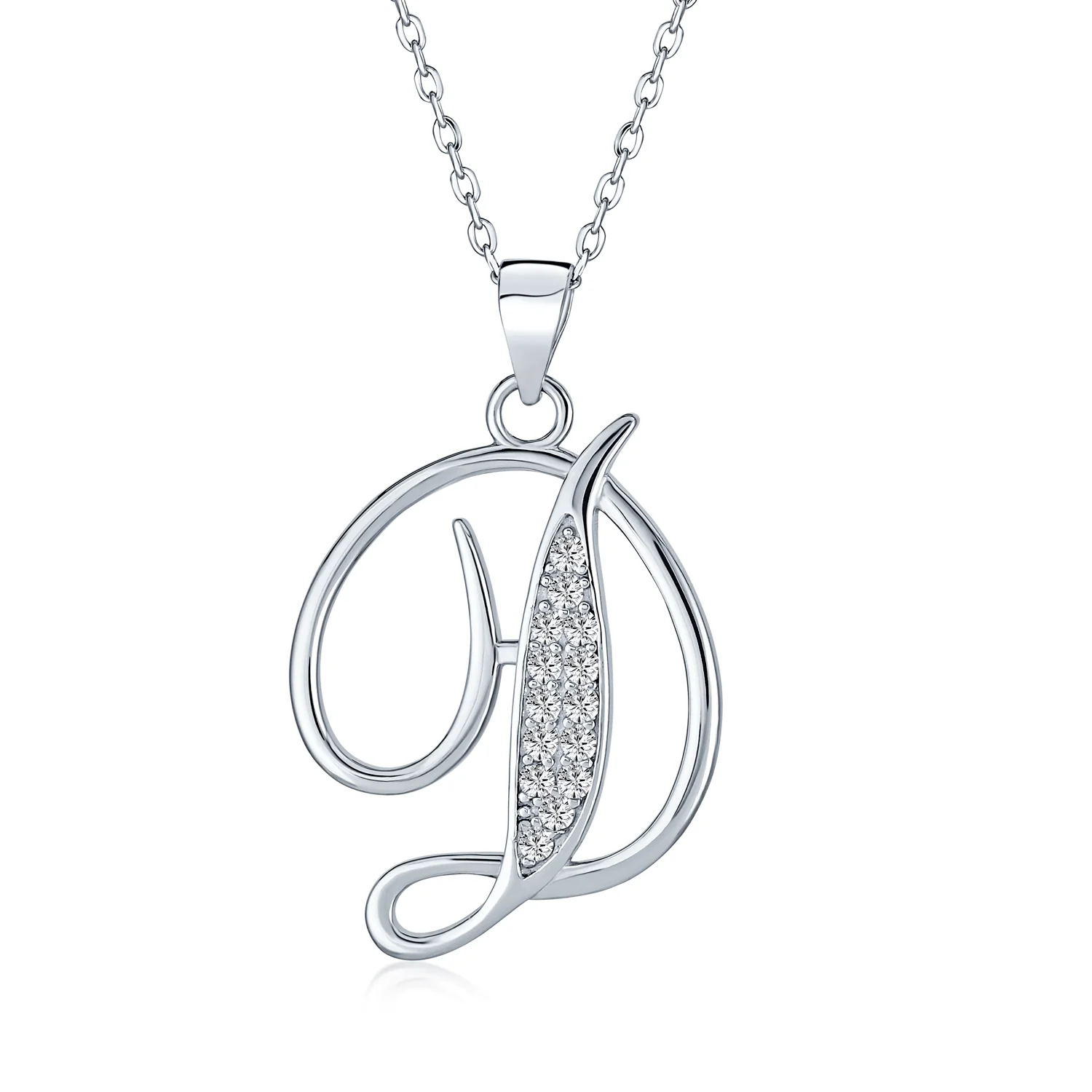 Pave CZ Script Alphabet Initial Pendant Necklace .925 Sterling Silver - Image 4