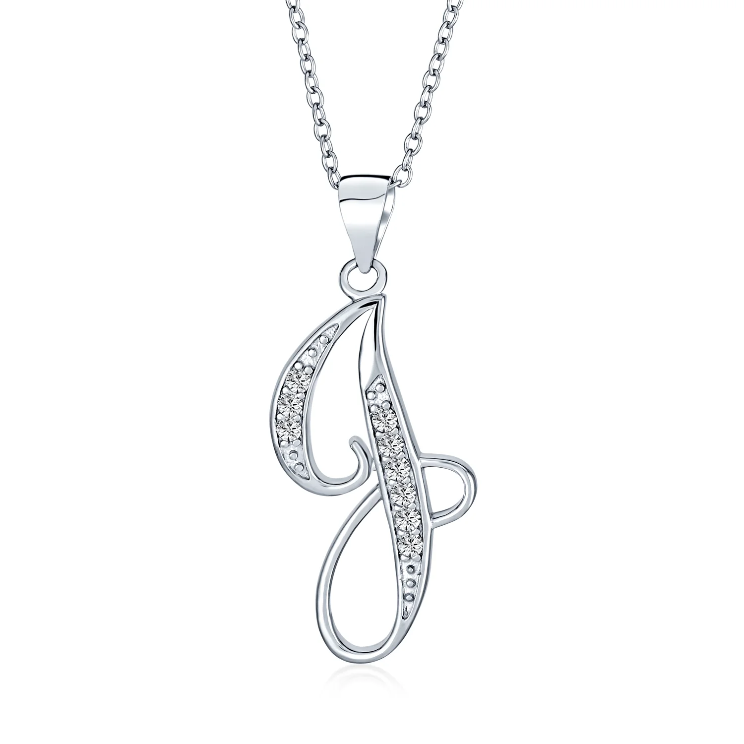 Pave CZ Script Alphabet Initial Pendant Necklace .925 Sterling Silver - Image 7