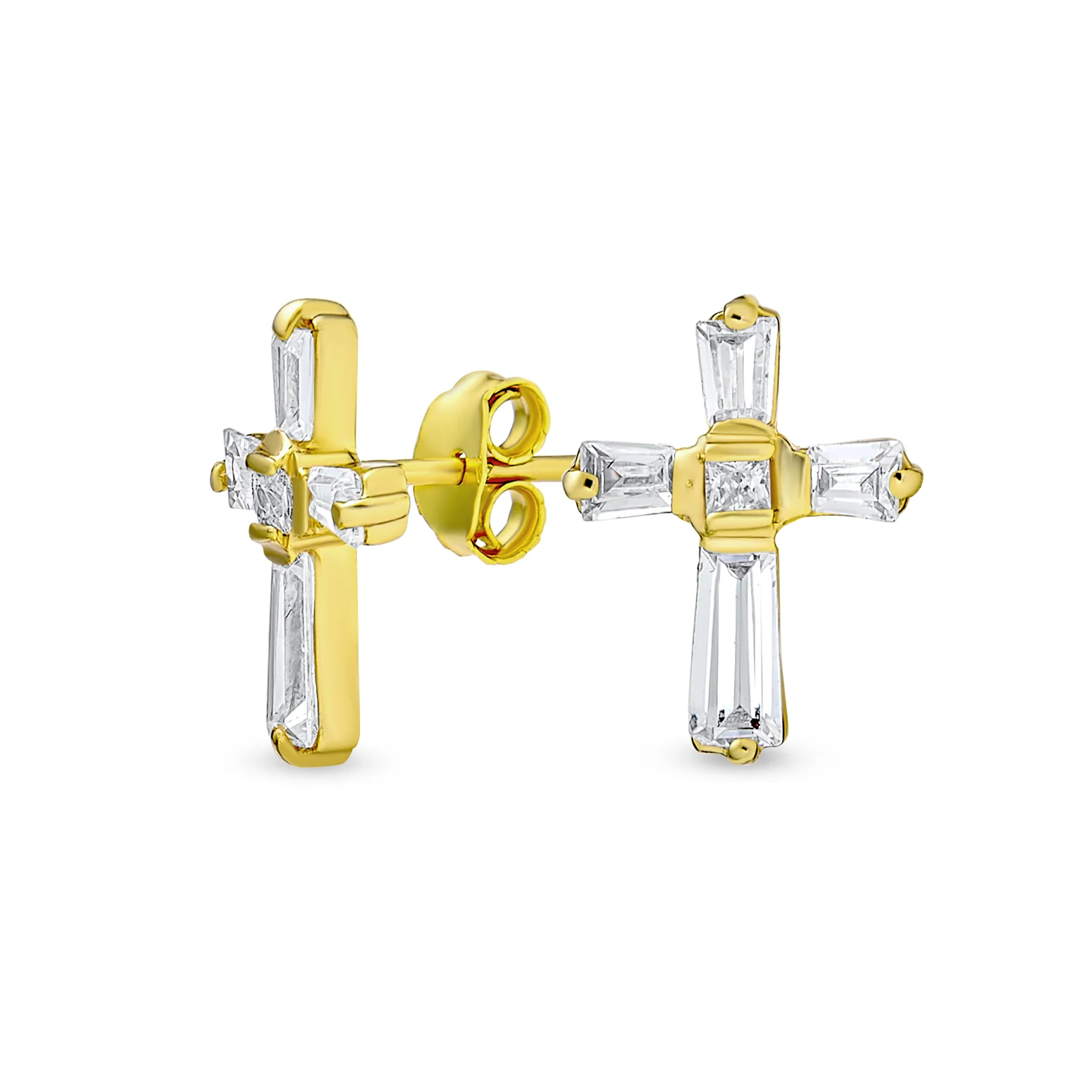 Accent CZ Baguette Small Cross Stud Earrings Yellow Gold