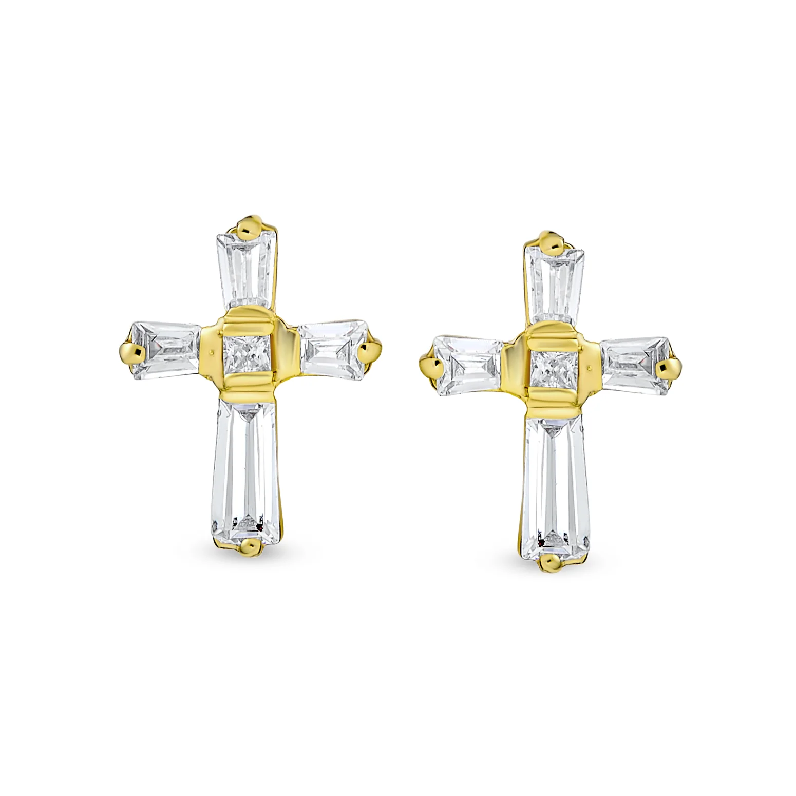 Accent CZ Baguette Small Cross Stud Earrings Yellow Gold - Image 2