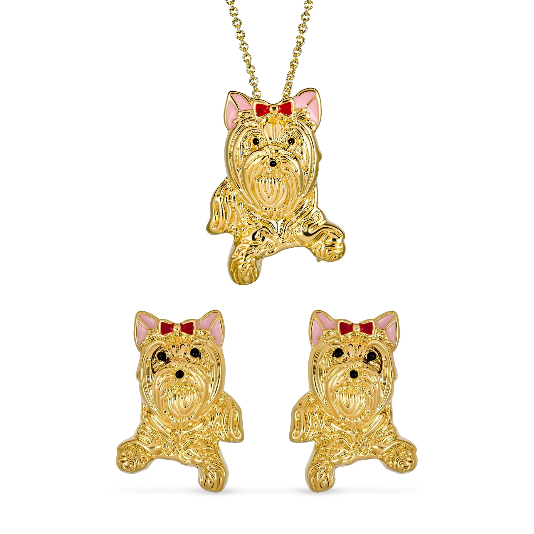 Yorkshire Shih Tzu Dog Stud Earrings Pendant or Brooch Jewelry Set Gold Plated