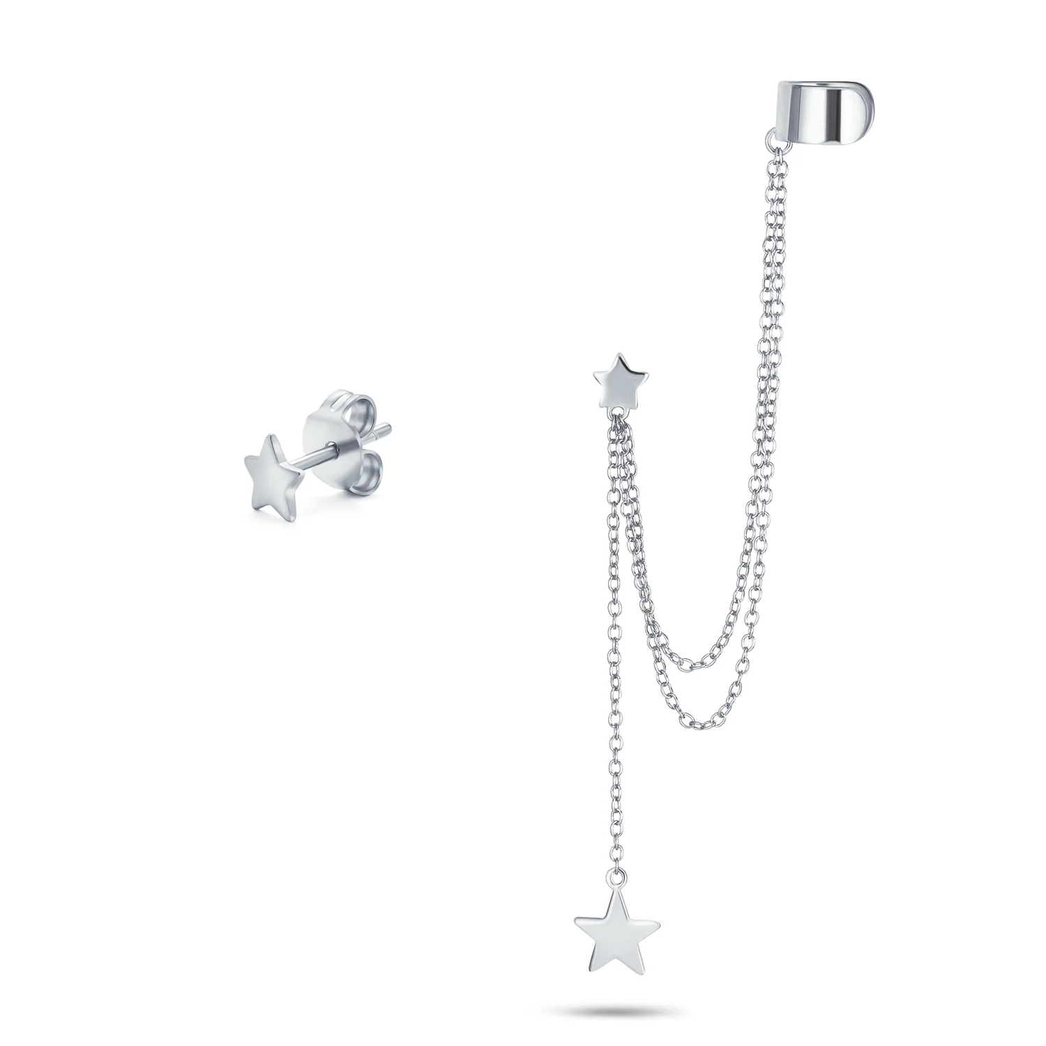 USA Patriotic Star Double Chain Ear Lobe Cartilage Clip On Ear Cuff Wrap Stud Earring Set Gold Plated Sterling Silver - Image 2