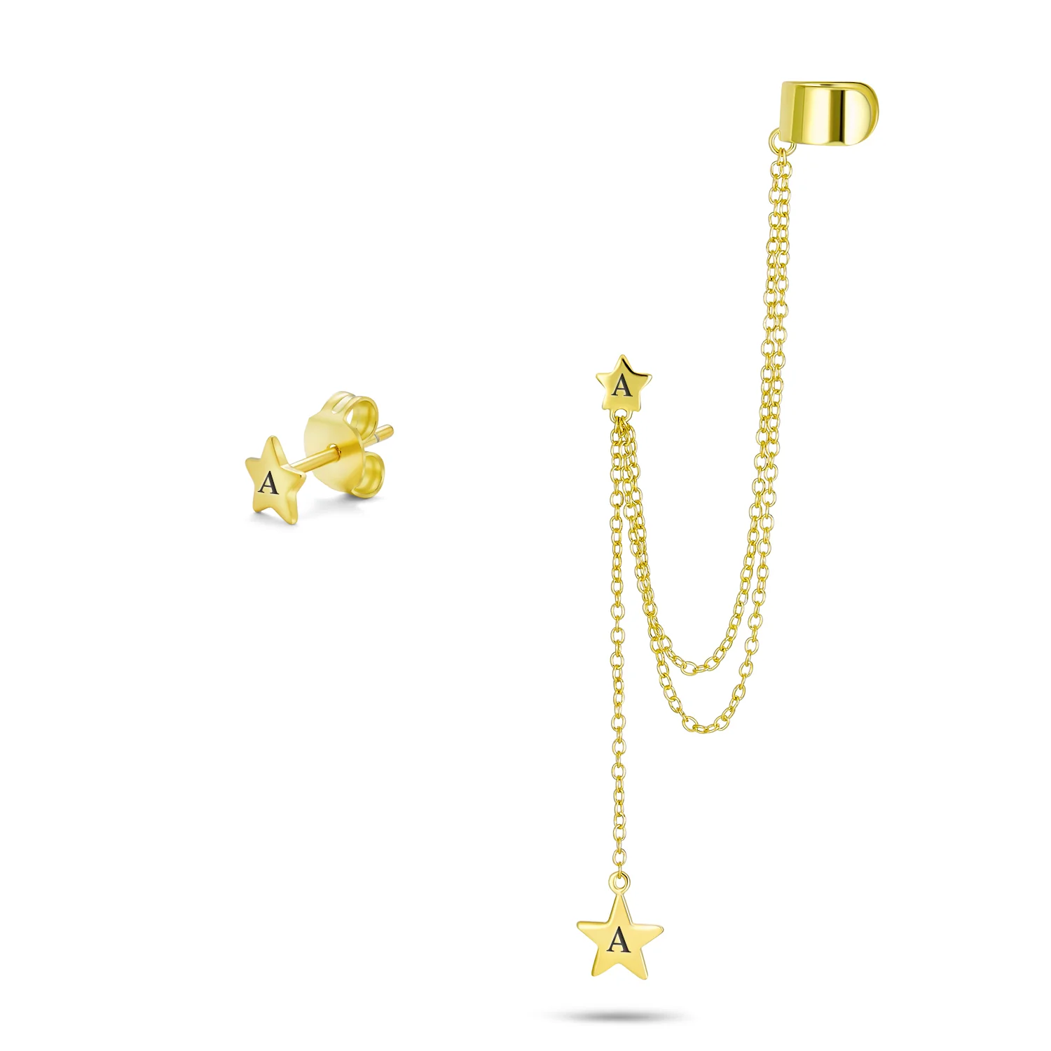 USA Patriotic Star Double Chain Ear Lobe Cartilage Clip On Ear Cuff Wrap Stud Earring Set Gold Plated Sterling Silver - Image 5