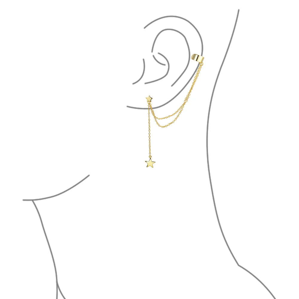 USA Patriotic Star Double Chain Ear Lobe Cartilage Clip On Ear Cuff Wrap Stud Earring Set Gold Plated Sterling Silver - Image 7