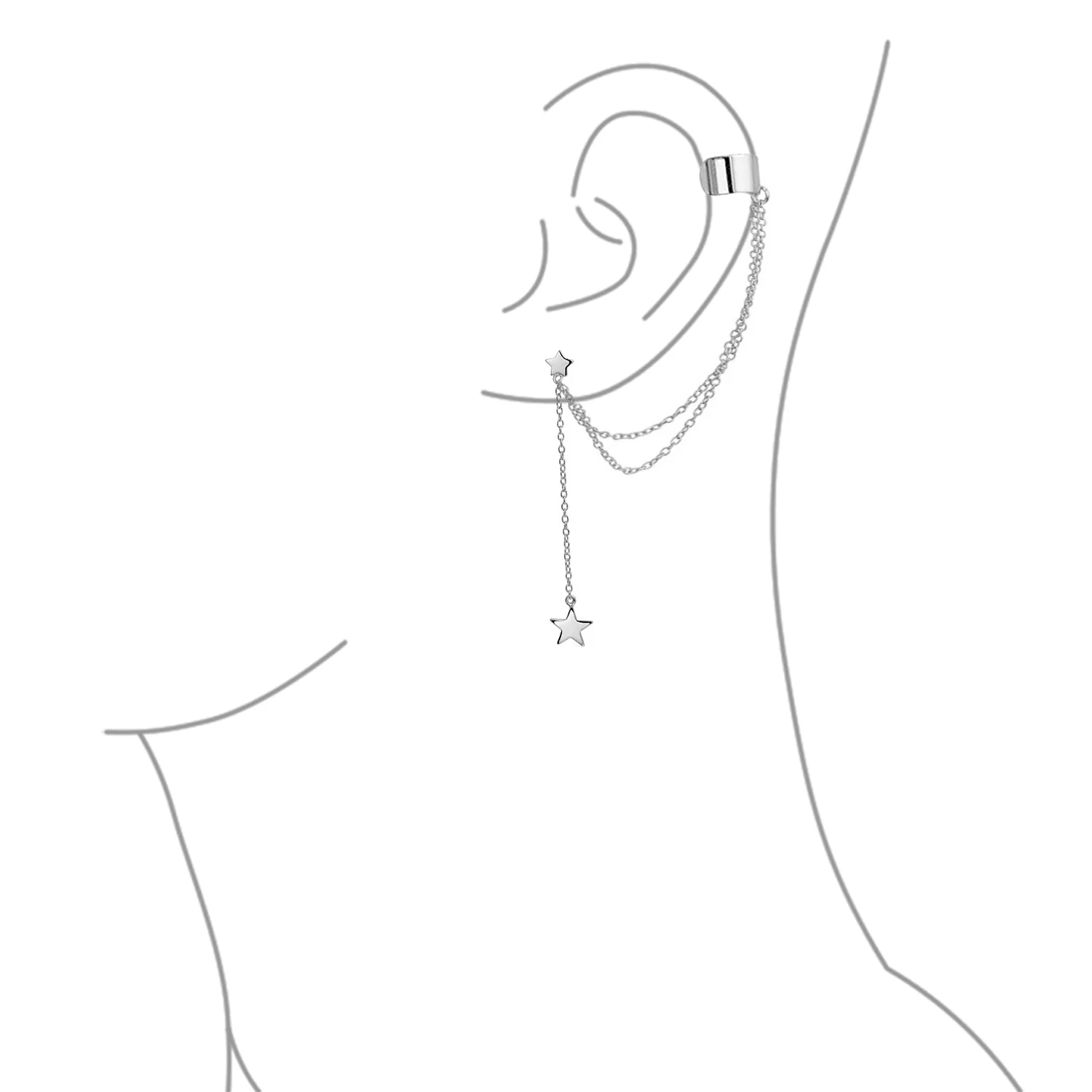 USA Patriotic Star Double Chain Ear Lobe Cartilage Clip On Ear Cuff Wrap Stud Earring Set Gold Plated Sterling Silver - Image 8
