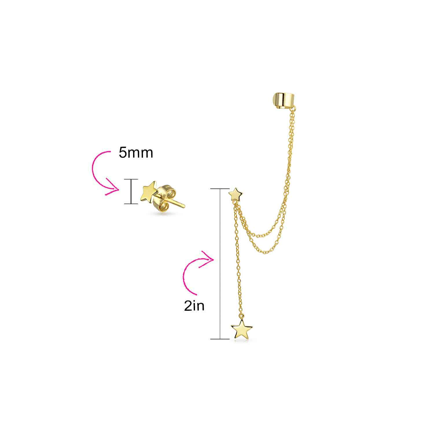 USA Patriotic Star Double Chain Ear Lobe Cartilage Clip On Ear Cuff Wrap Stud Earring Set Gold Plated Sterling Silver - Image 9