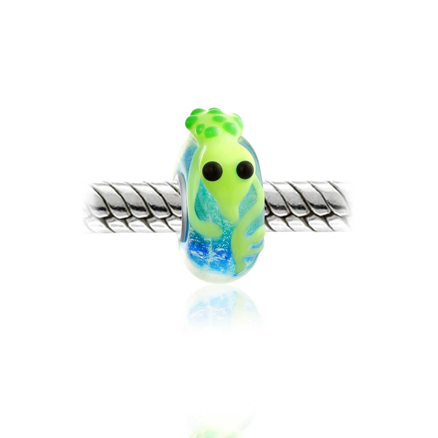 Set of 3 Lime Green Lizard & Toad Frog Lampwork Glass Charm Bead Sterling Silver - Image 2