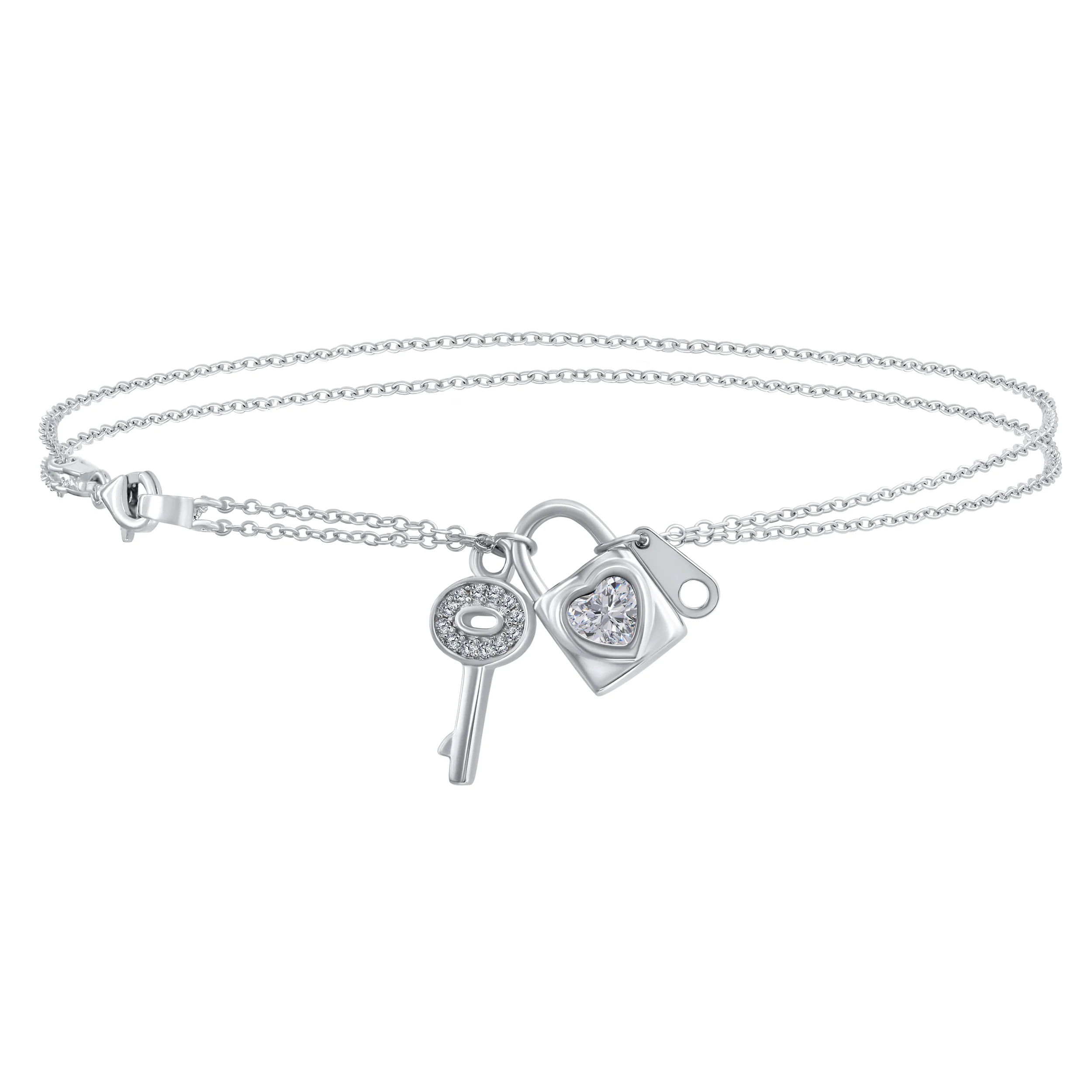 Romantic Key to Her Heart, Lock, Key Charm Anklet Double Ankle Bracelet Sterling Silver Fits 9, 10 Inch