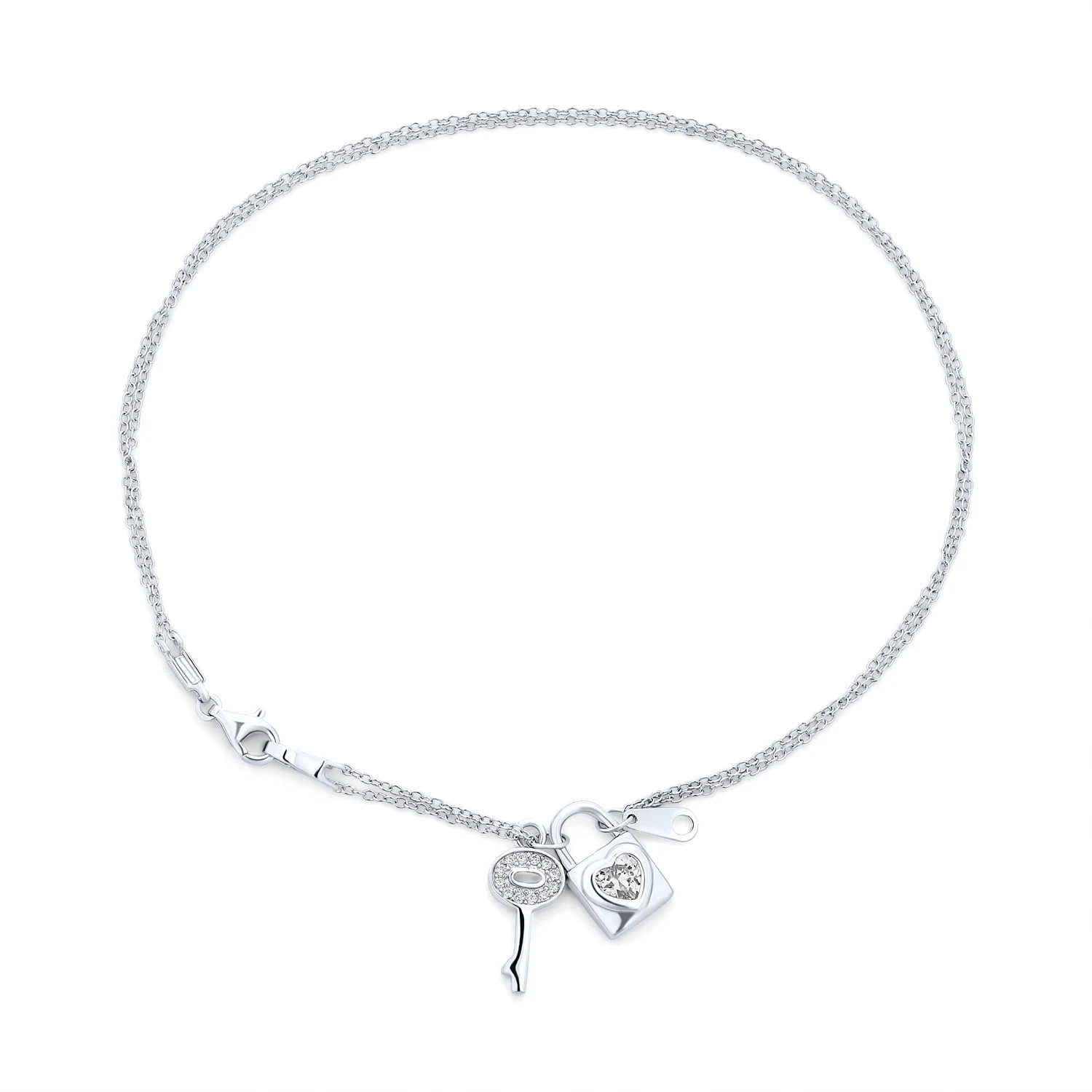 Romantic Key to Her Heart, Lock, Key Charm Anklet Double Ankle Bracelet Sterling Silver Fits 9, 10 Inch - Image 2