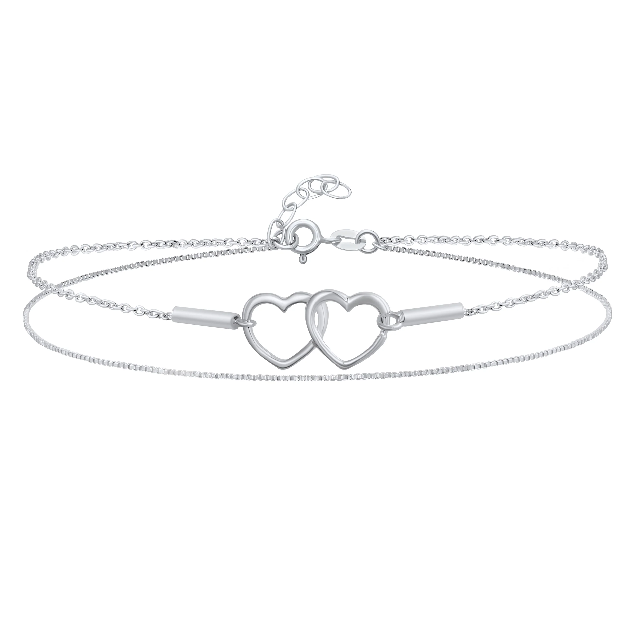 Interlocking Open Hearts Double Strand Chain Anklet Ankle Bracelet Sterling Silver Adjustable 9 To 10 Inch